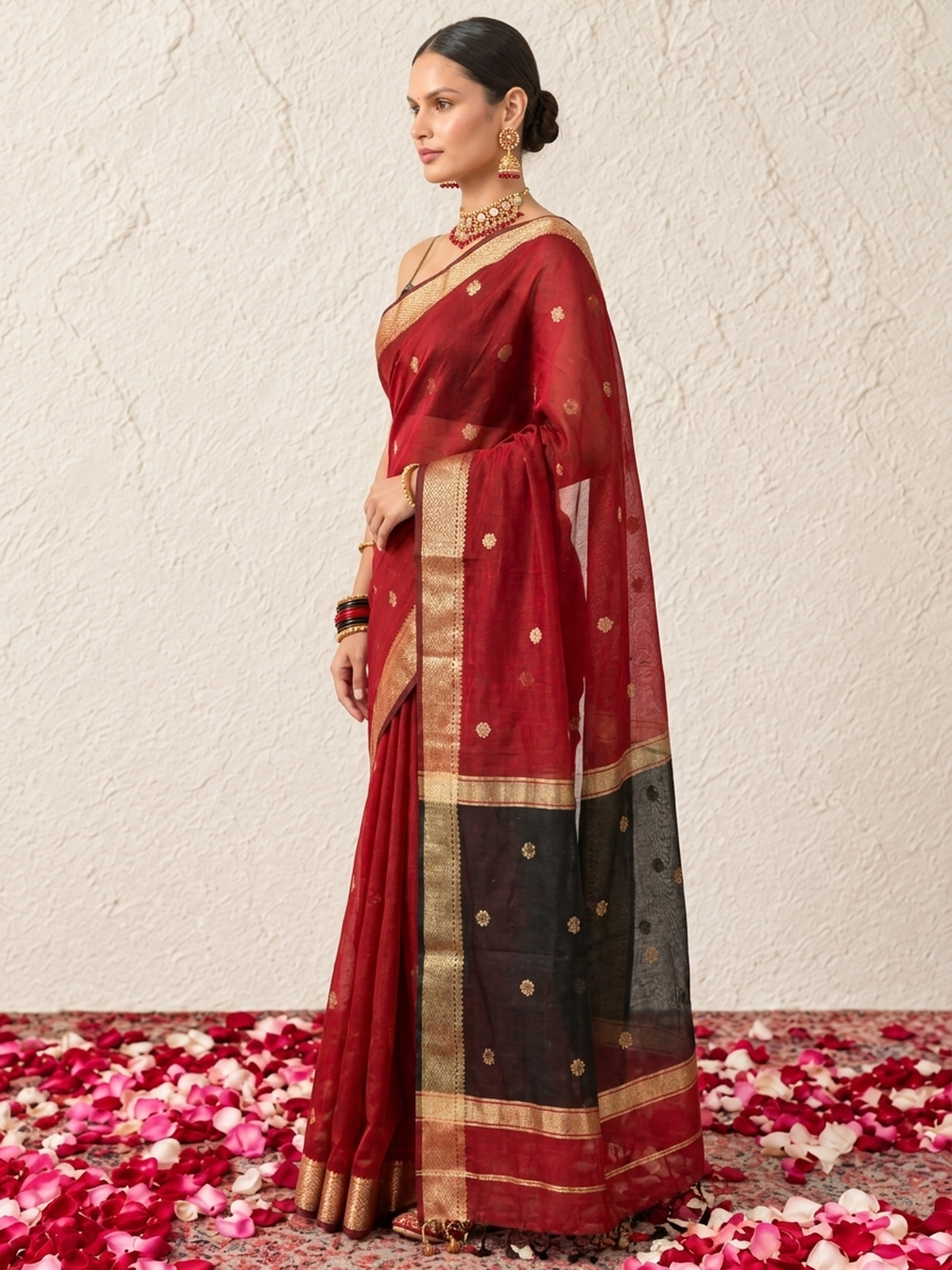 Red and Black Chanderi Cotton Silk Saree with Matching Black Blouse Fabric