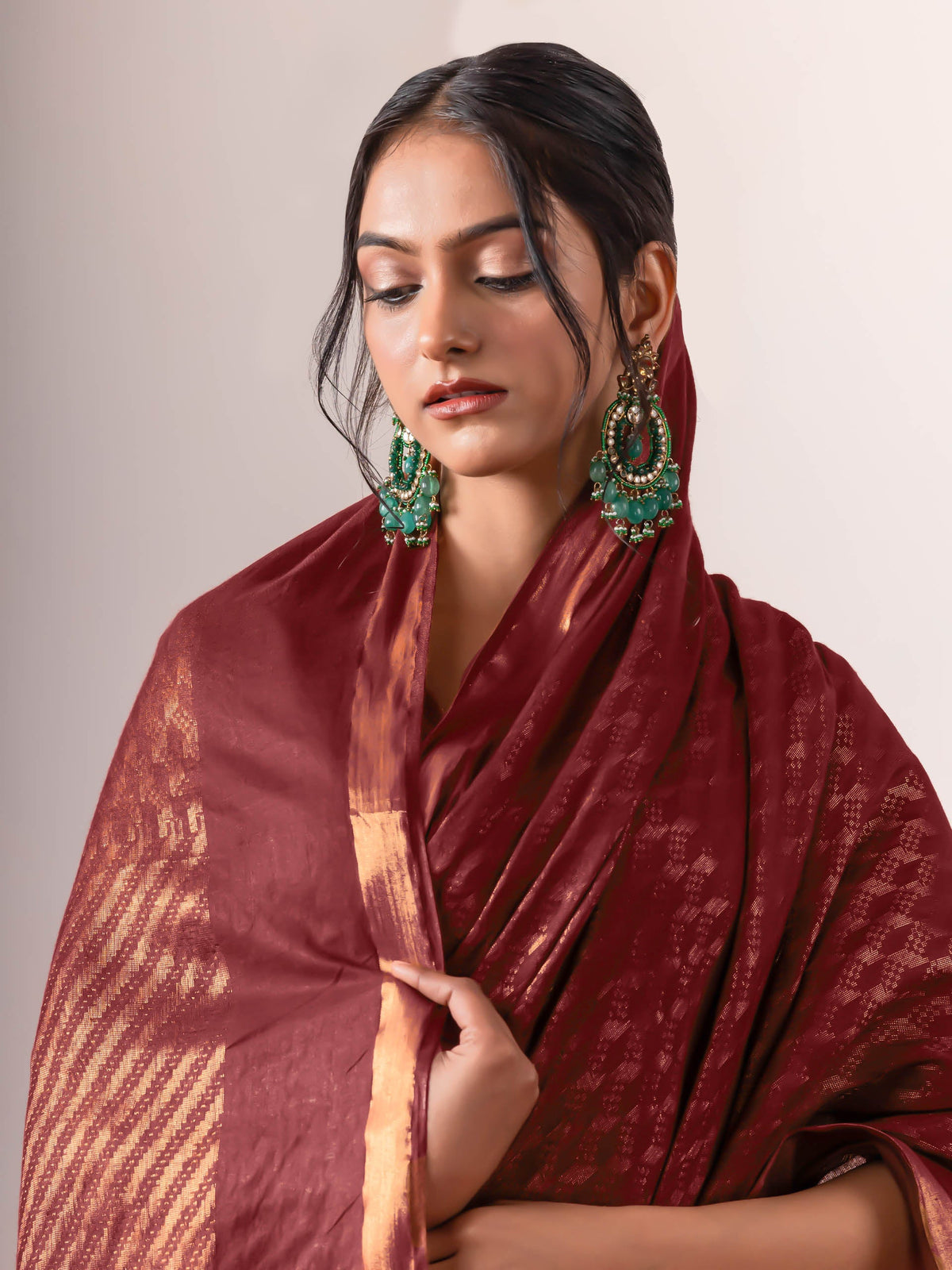 Dark coffee with bronze Bhagalpur silk blend saree with blouse fabric — view 2