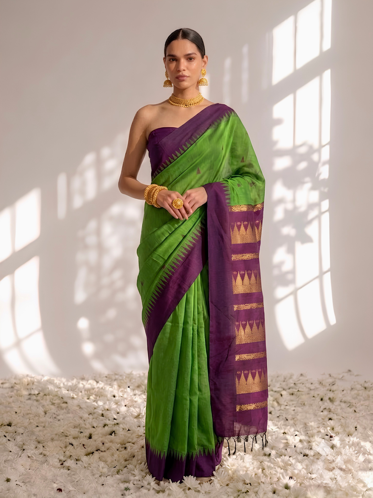 Green and Purple Cotton Kadwal Saree with Blouse Fabric