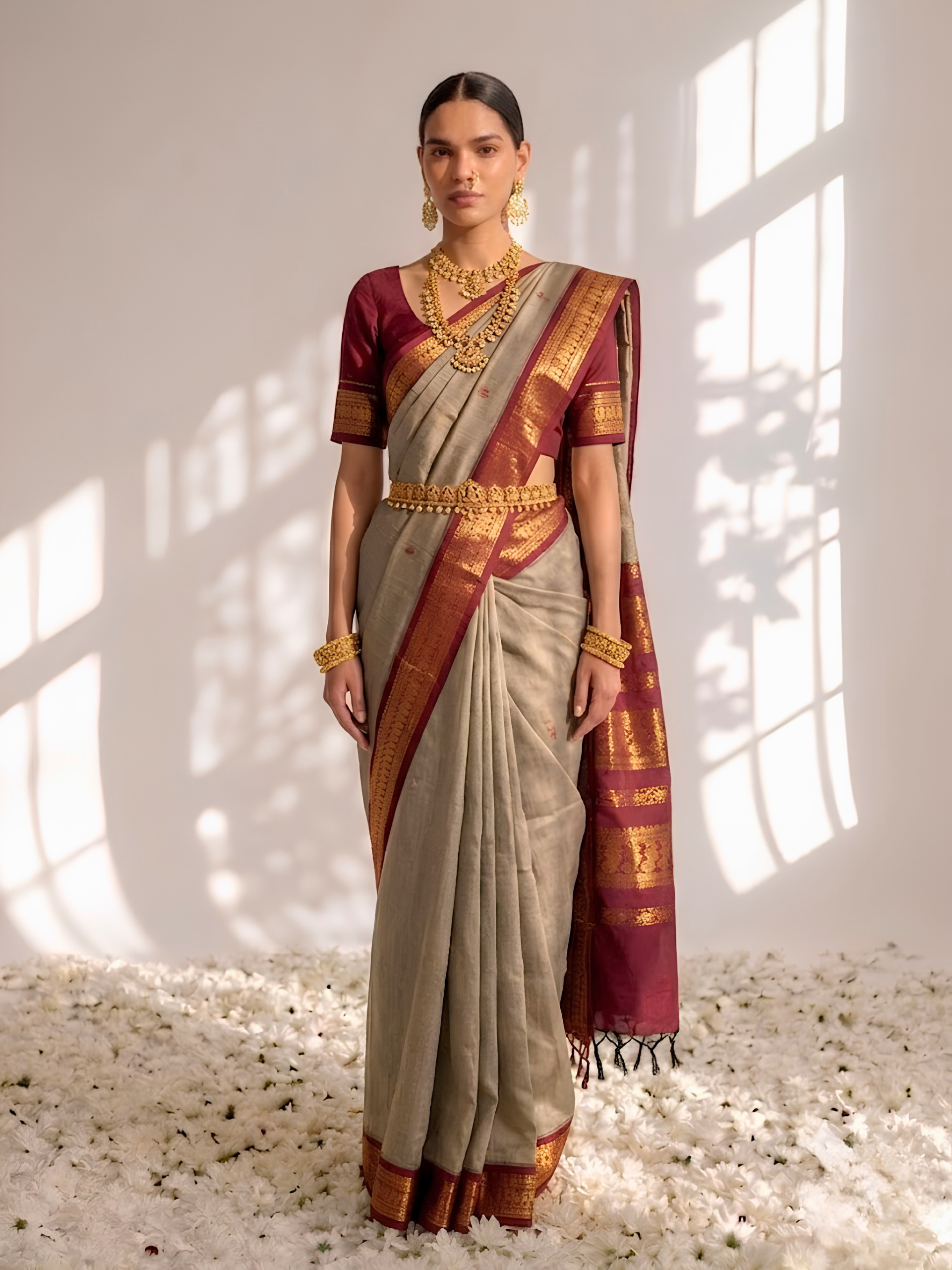 Beet and Maroon Kalyani Cotton Silk Saree with Blouse Fabric