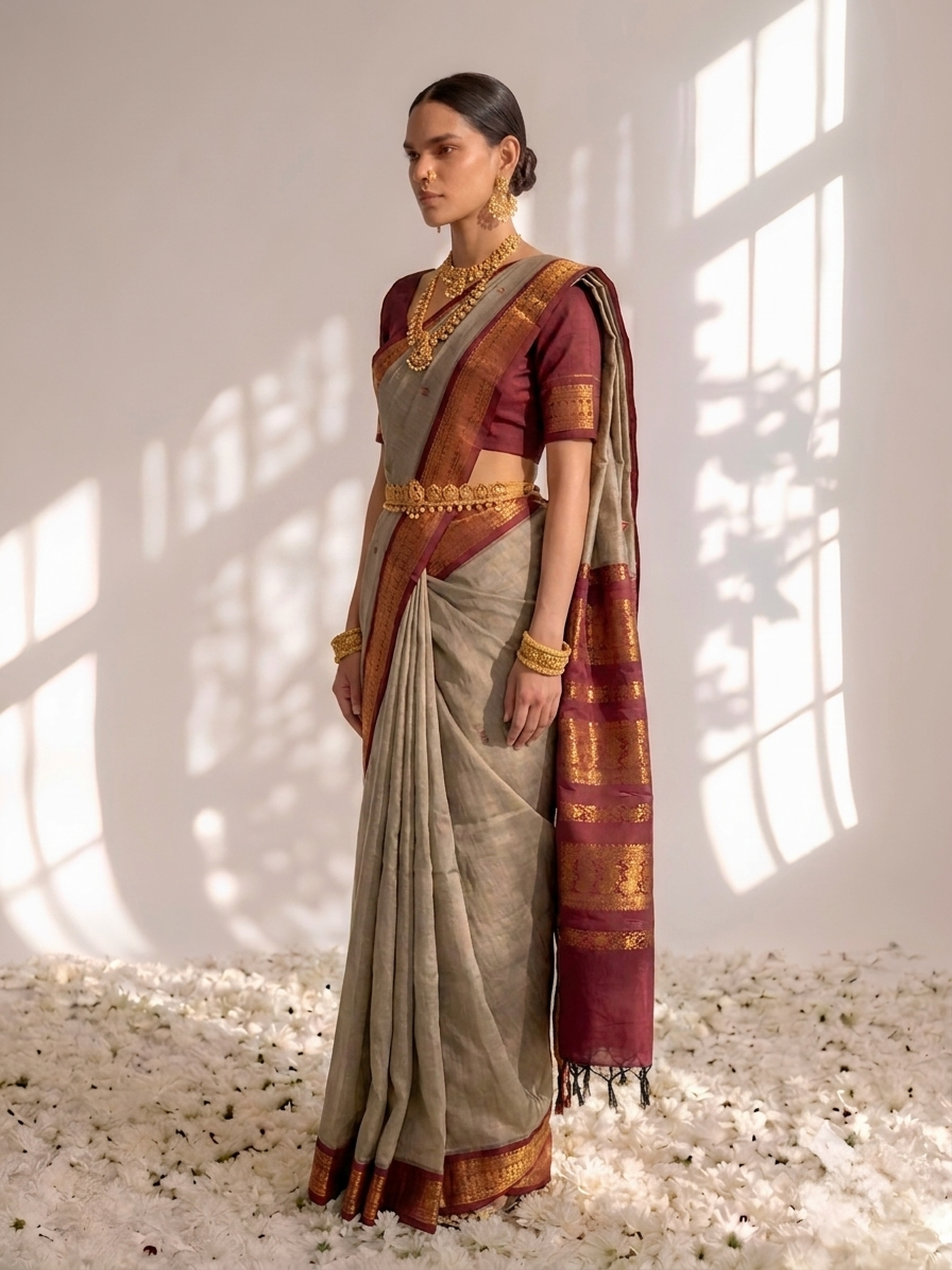Beet and Maroon Kalyani Cotton Silk Saree with Blouse Fabric