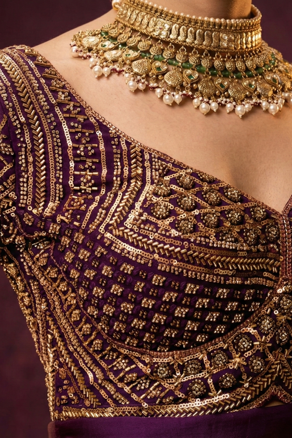 Purple Hand Embroidered Cut Dana Sabya Blouse – Free-Size Adjustable 32–40 inches | Couture Designer Blouse