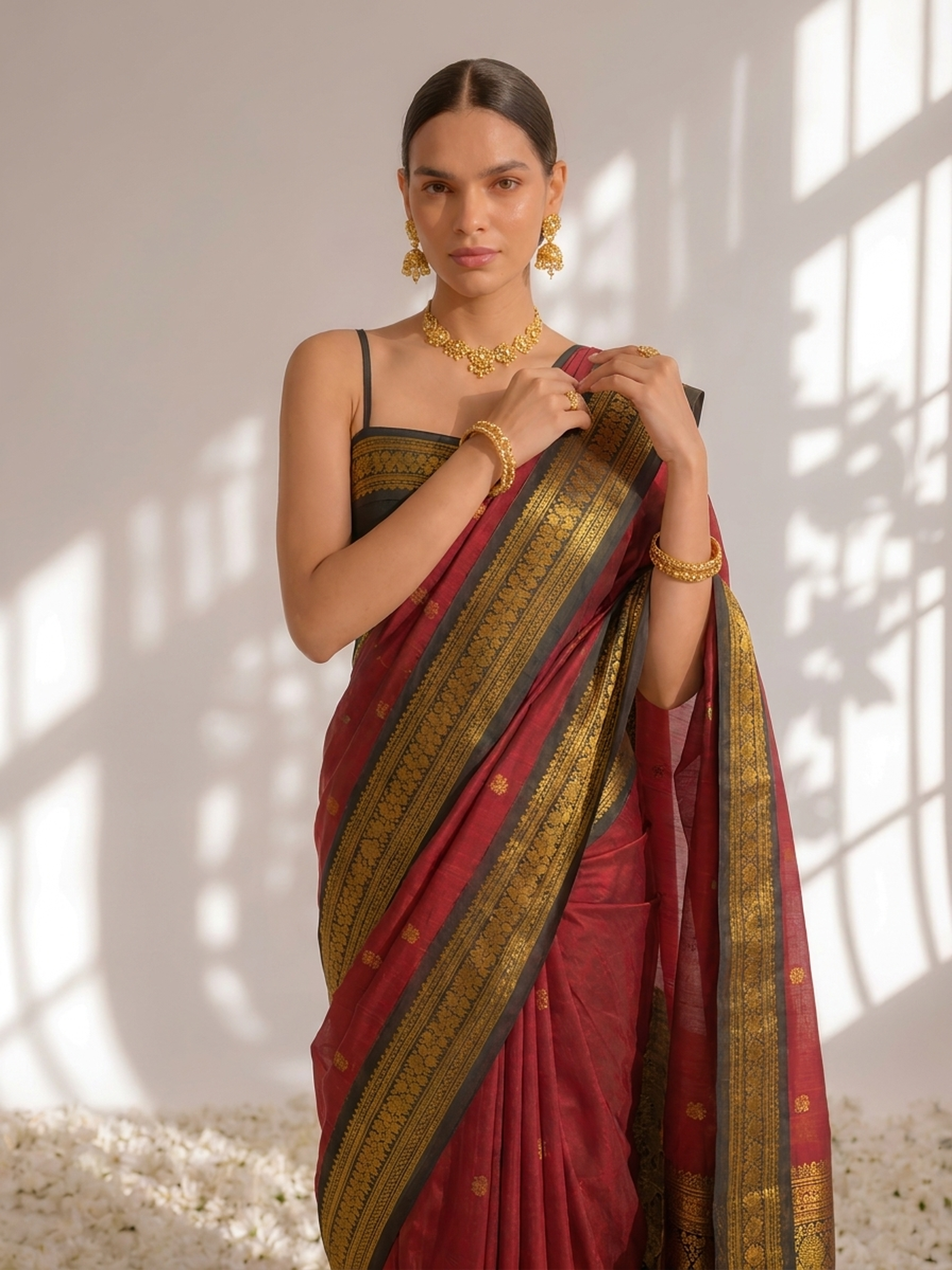 Red and Black Cotton Kadwal Saree with Blouse Fabric