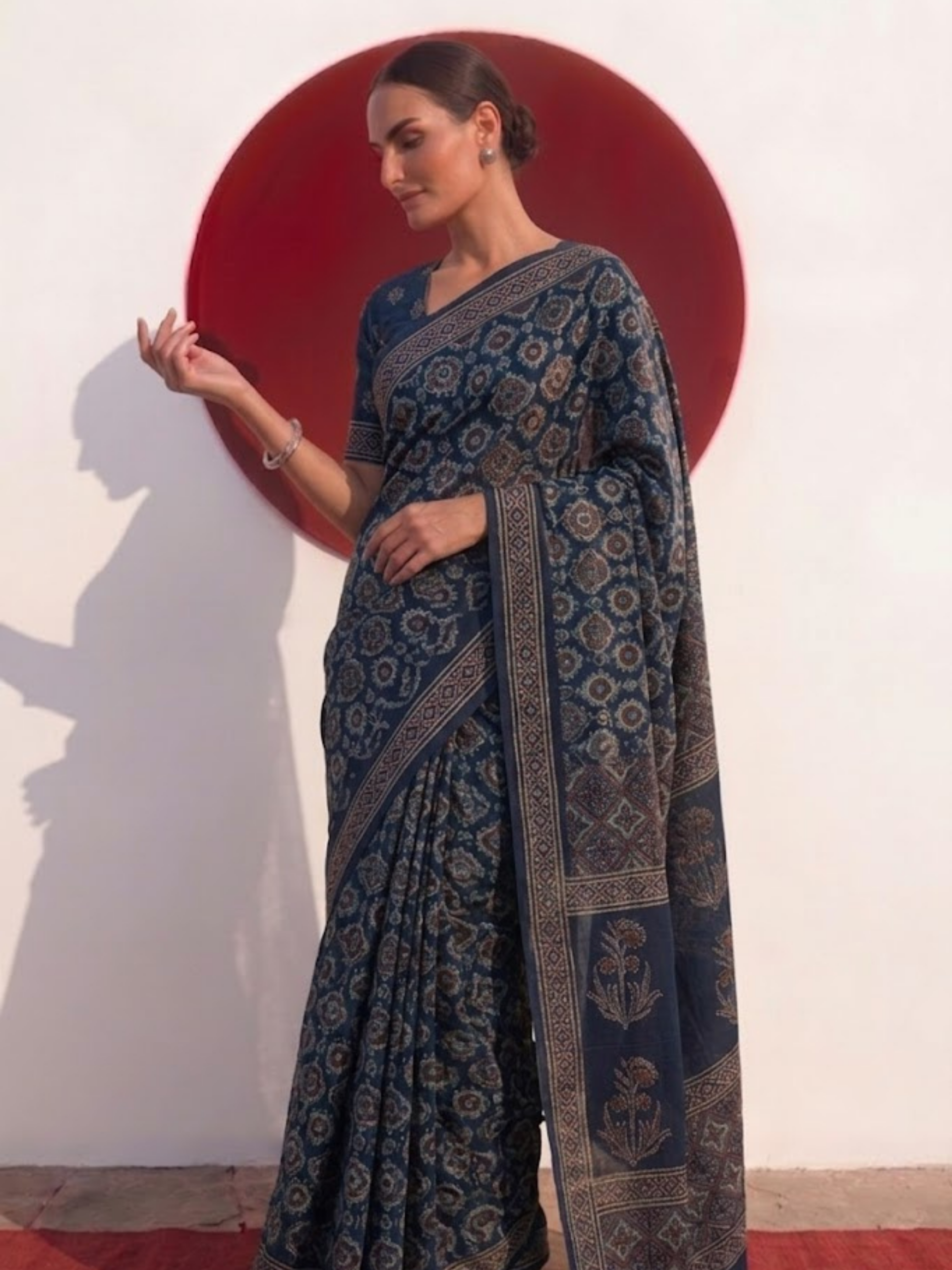 Modal Silk blue Printed Hand Block Printed Saree with Blouse Fabric