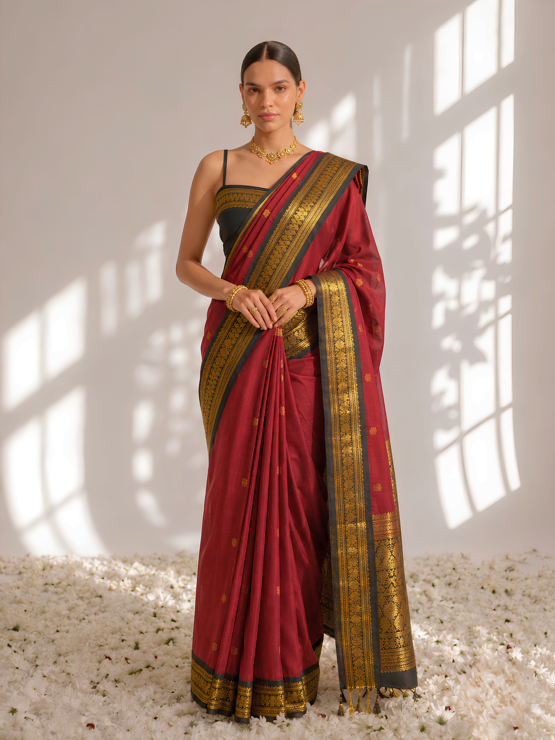 Red and Black Cotton Kadwal Saree with Blouse Fabric