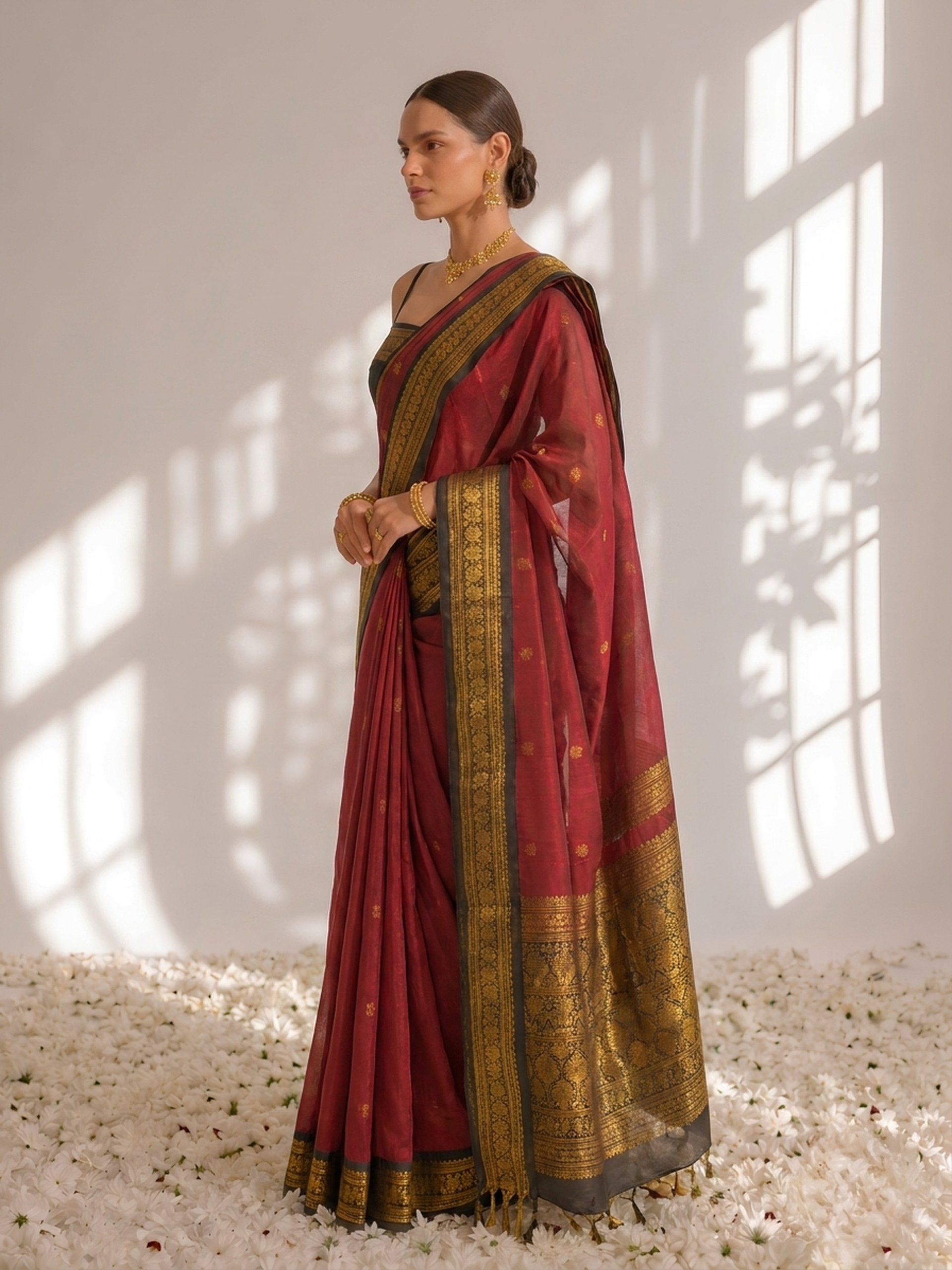 Red and Black Cotton Kadwal Saree with Blouse Fabric