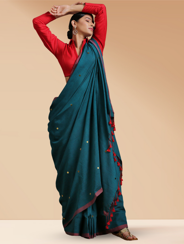 Emerald Cotton Saree With Red Fringe