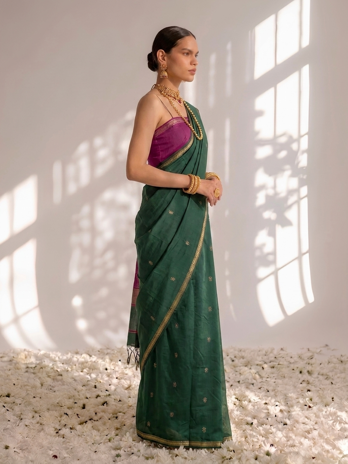 Green and Purple Maheshwari Silk Cotton Saree with Self Blouse Fabric