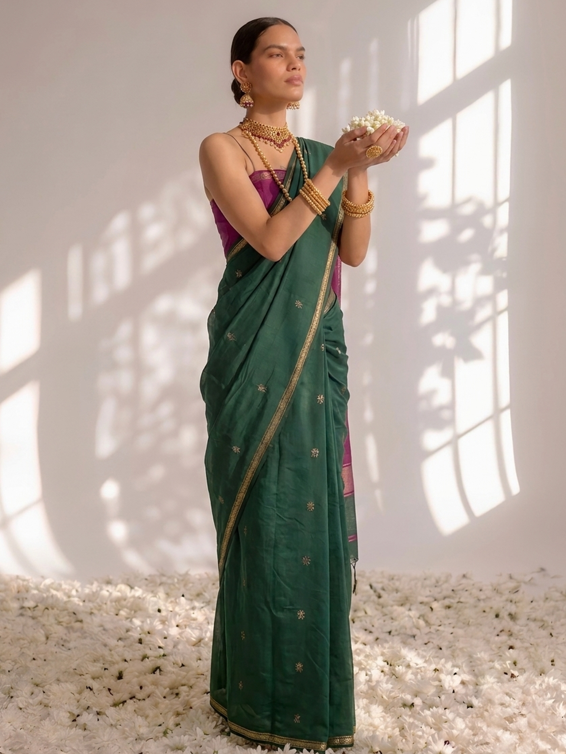 Green and Purple Maheshwari Silk Cotton Saree with Self Blouse Fabric
