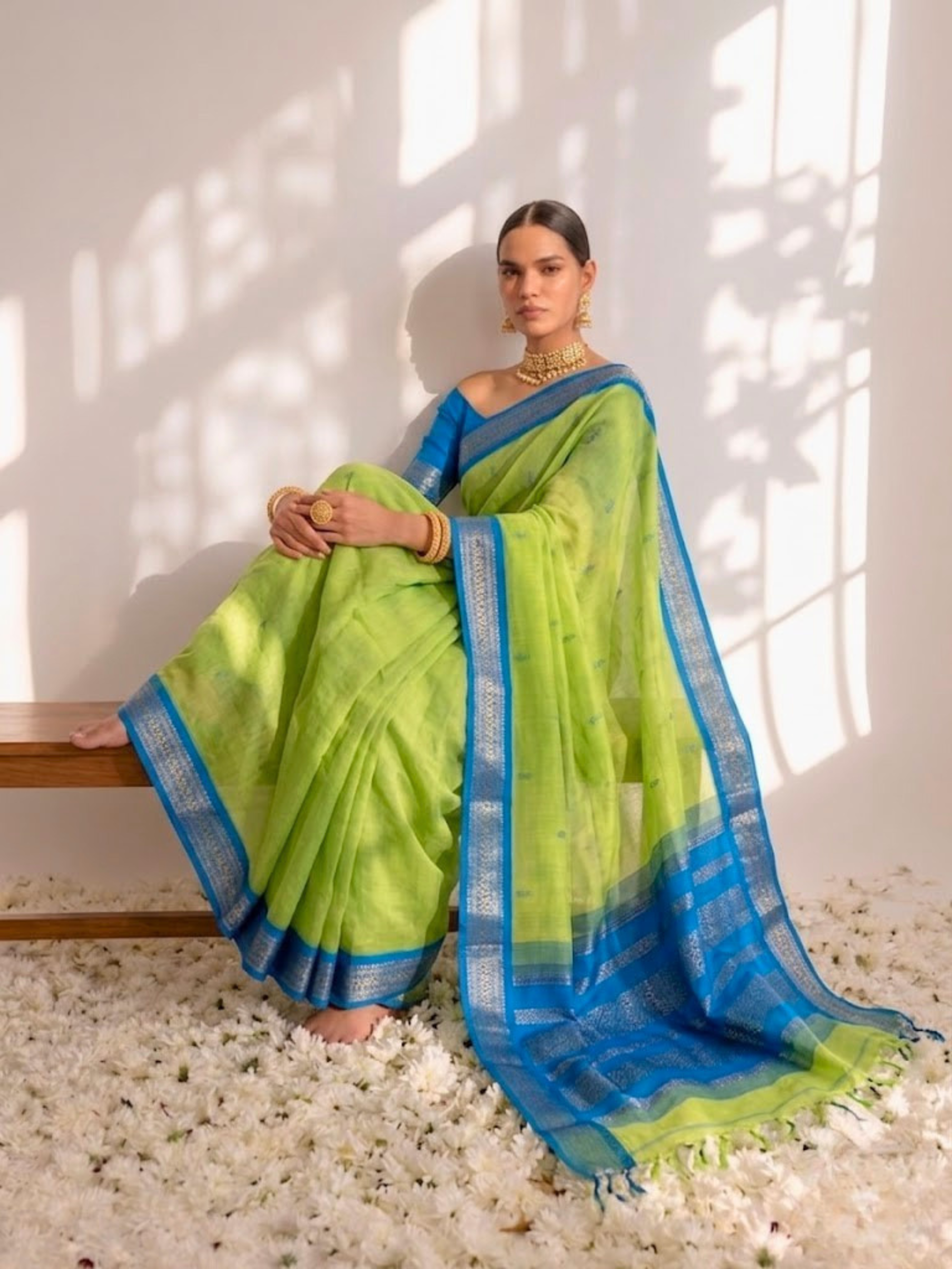 Highlighter and Blue Cotton Kadwal Saree with Blouse Fabric
