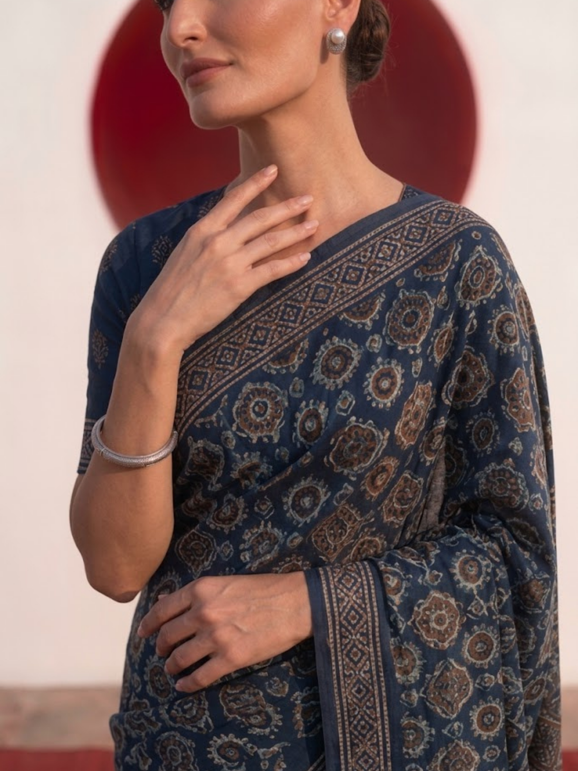 Modal Silk blue Printed Hand Block Printed Saree with Blouse Fabric