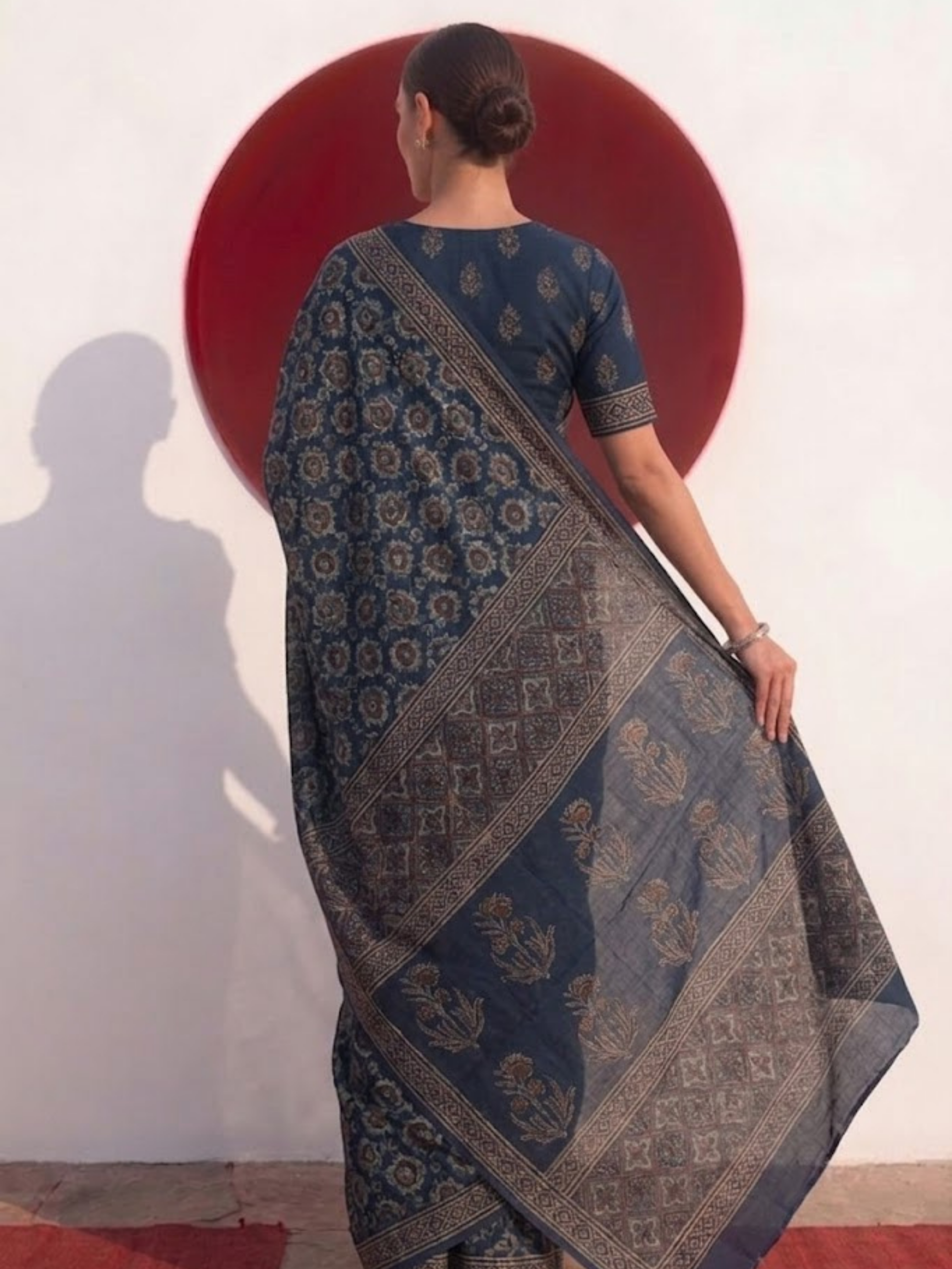 Modal Silk blue Printed Hand Block Printed Saree with Blouse Fabric