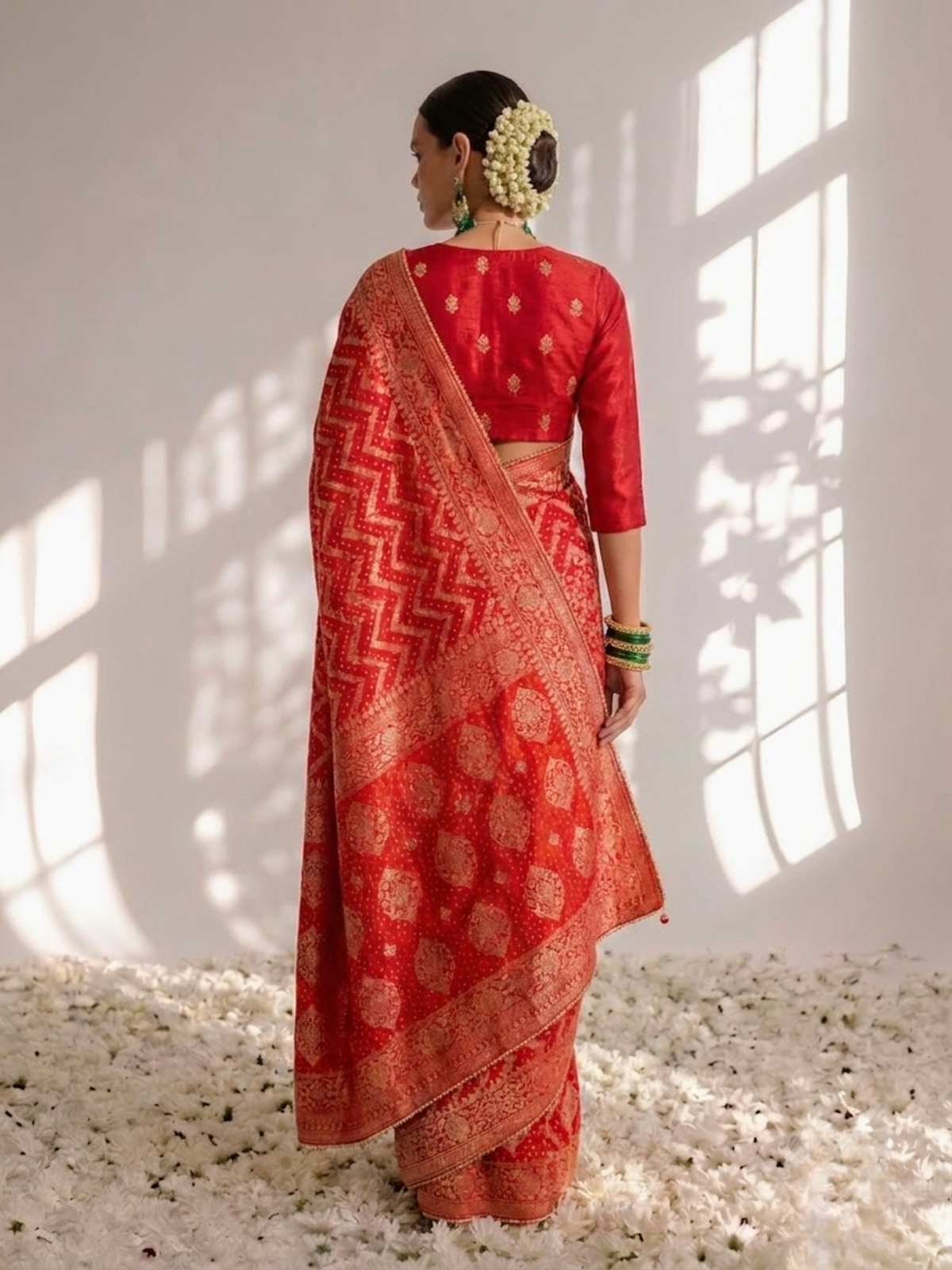 Red Banarasi Georgette with Chevron Weave Saree with Blouse Fabric
