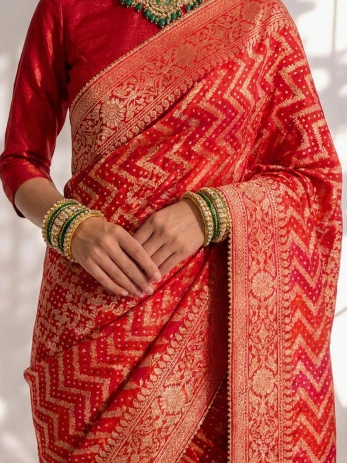 Red Banarasi Georgette with Chevron Weave Saree with Blouse Fabric