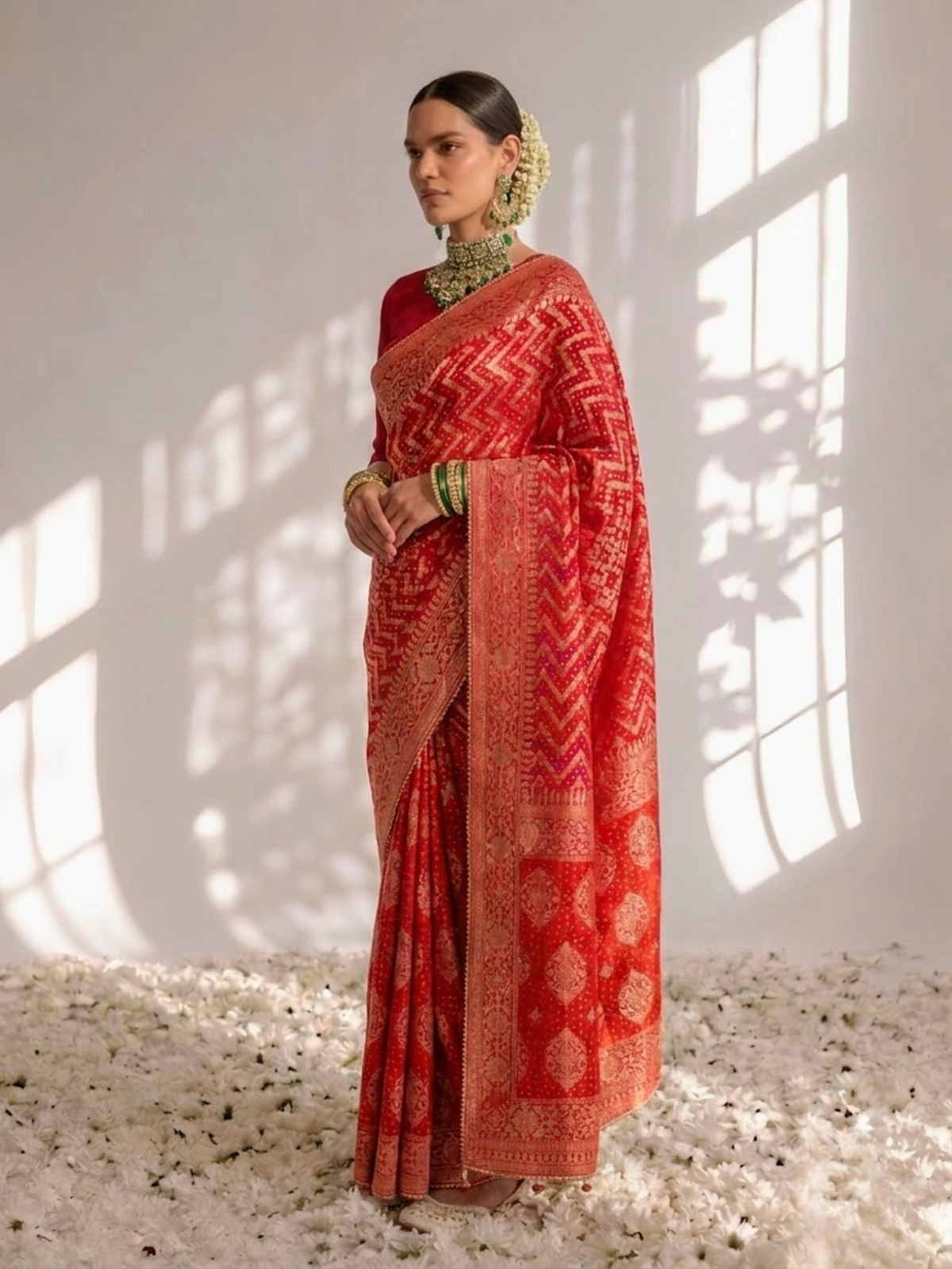 Red Banarasi Georgette with Chevron Weave Saree with Blouse Fabric