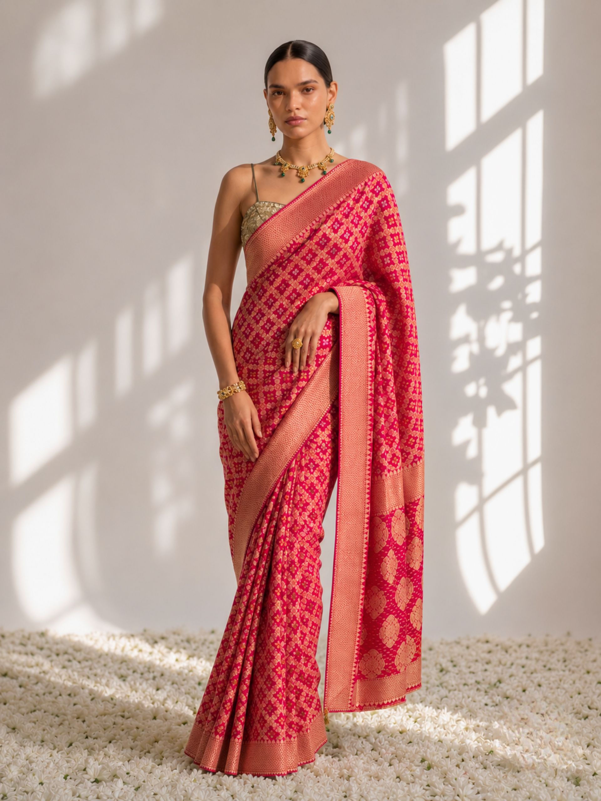 Rani Pink Banarasi Georgette with Bandhani Weave Saree with Blouse Fabric