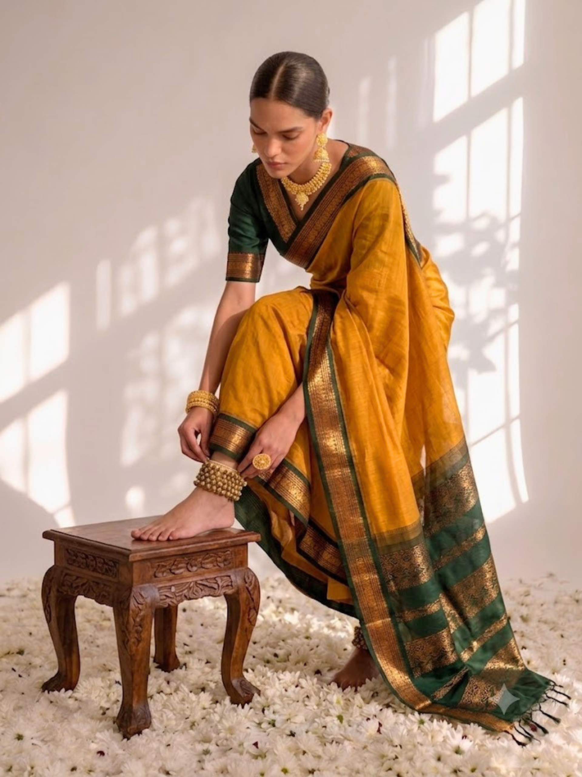 Yellow and Green Cotton Kadwal Saree with Blouse Fabric