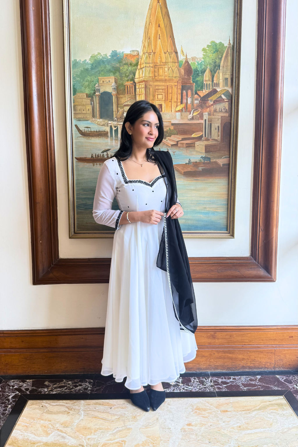 3 pc Suit Set -Ebony and Ivory Georgette 3/4th Sleeve Embroidered Anarkali with Dupatta and Pants