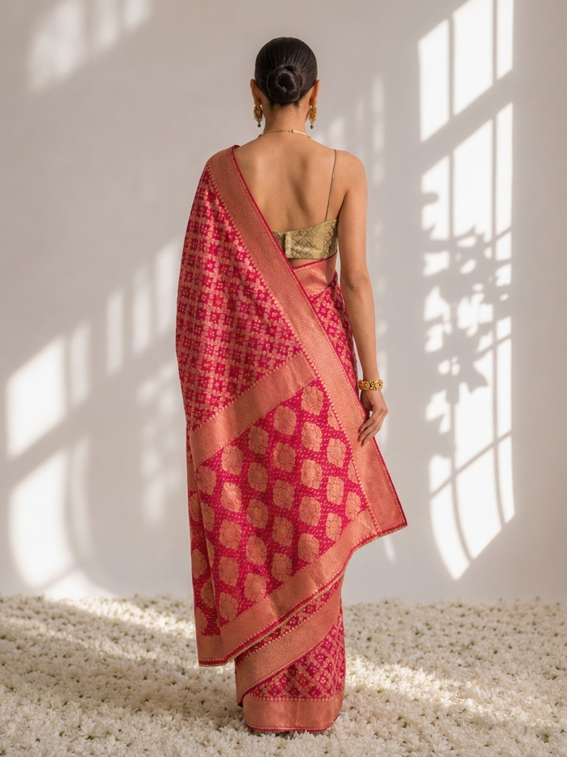 Rani Pink Banarasi Georgette with Bandhani Weave Saree with Blouse Fabric