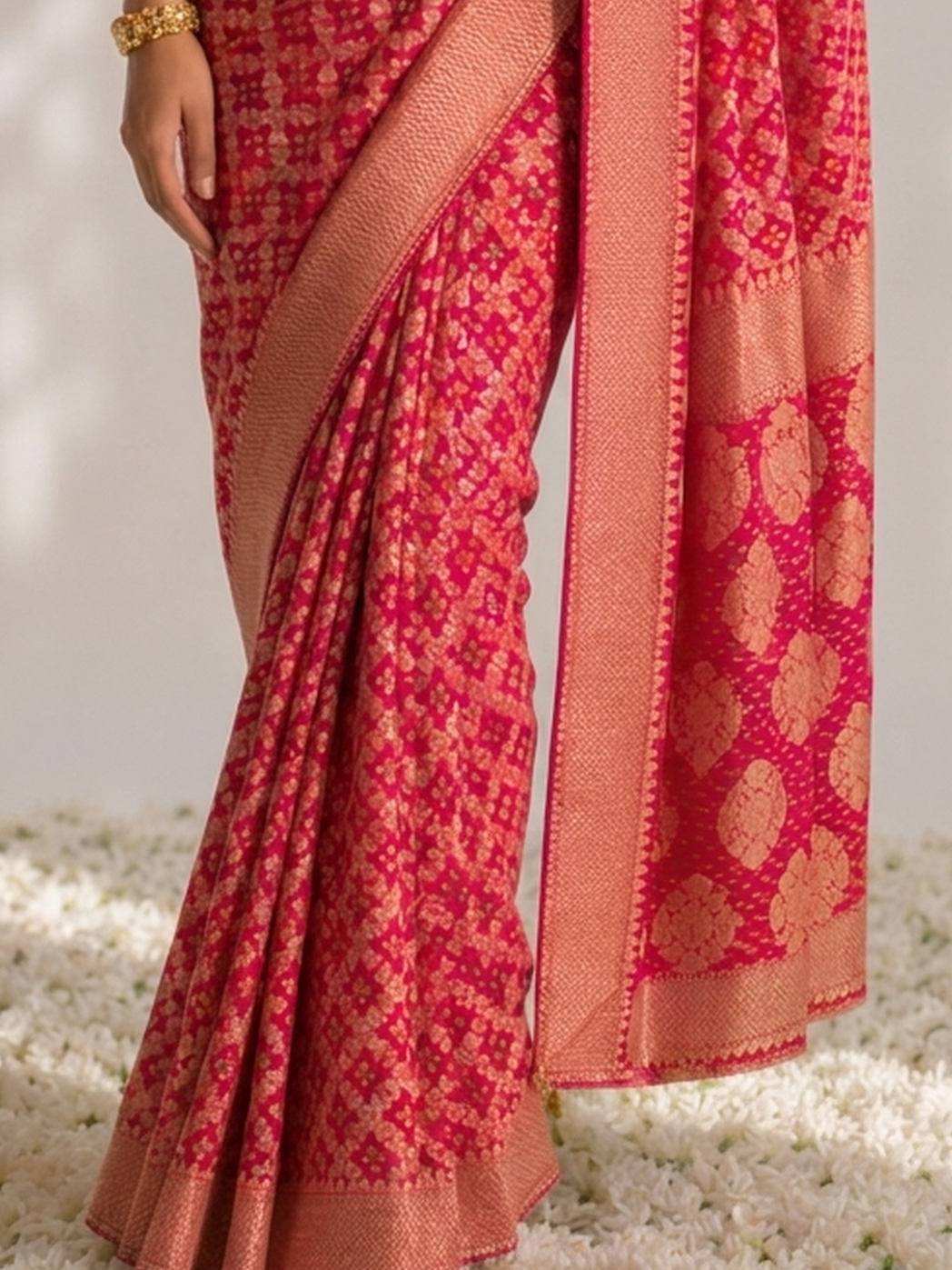 Rani Pink Banarasi Georgette with Bandhani Weave Saree with Blouse Fabric