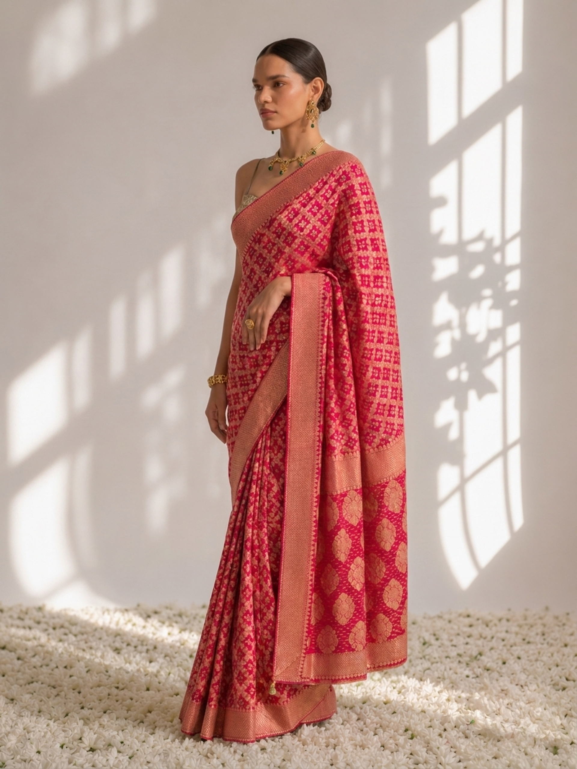 Rani Pink Banarasi Georgette with Bandhani Weave Saree with Blouse Fabric