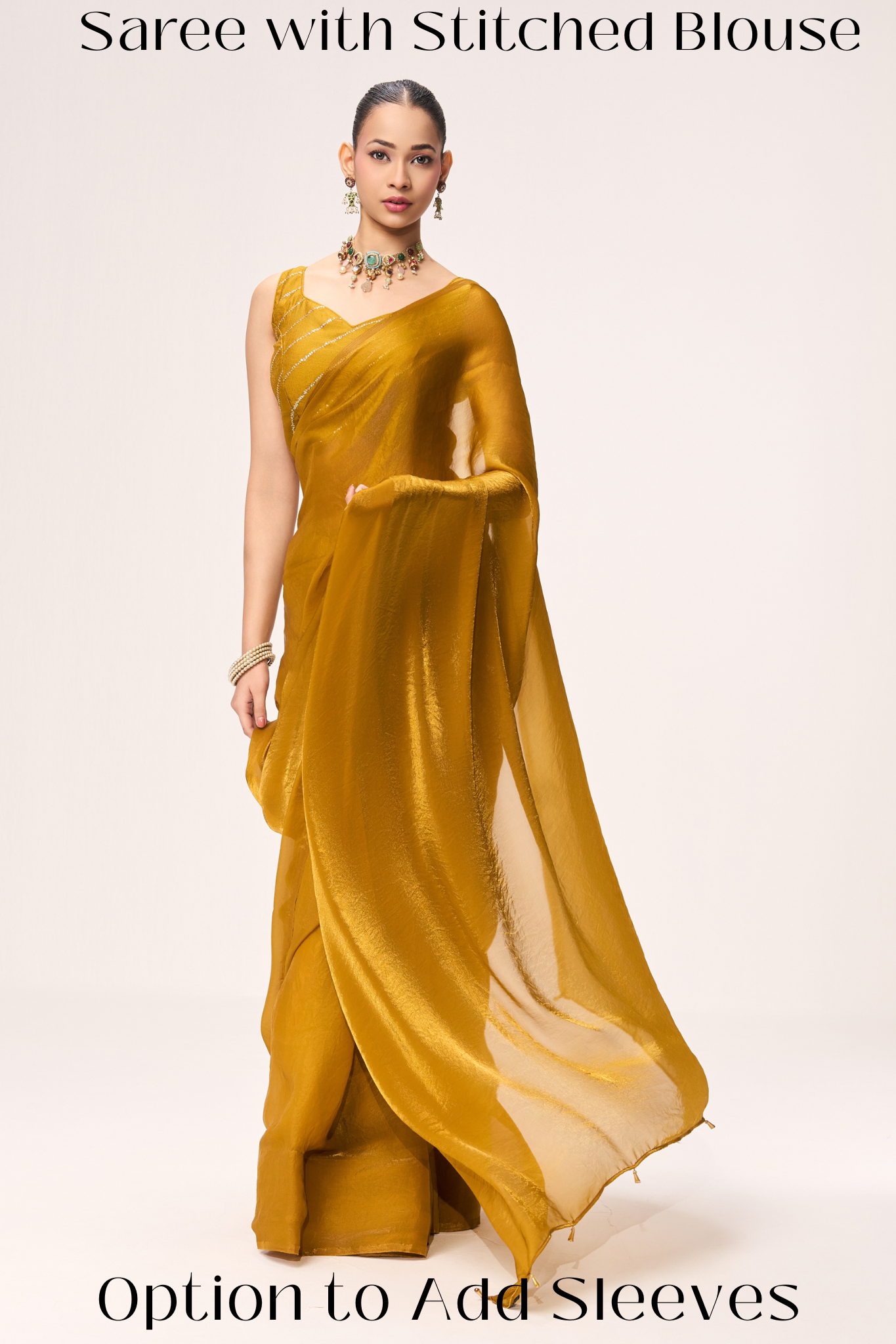 Yellow Metallic Satin Saree with Yellow Sequin Readymade Blouse