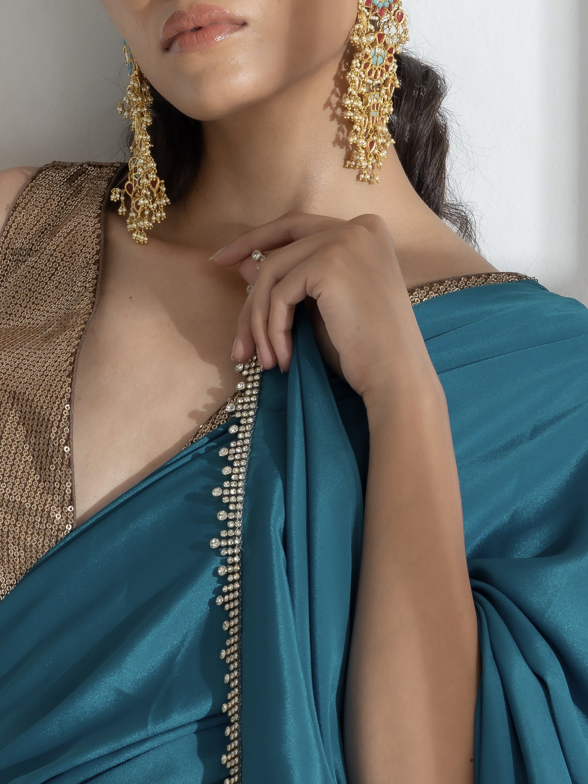 Blue Beauty Crepe Saree with Diamond lace and Self Blouse fabric