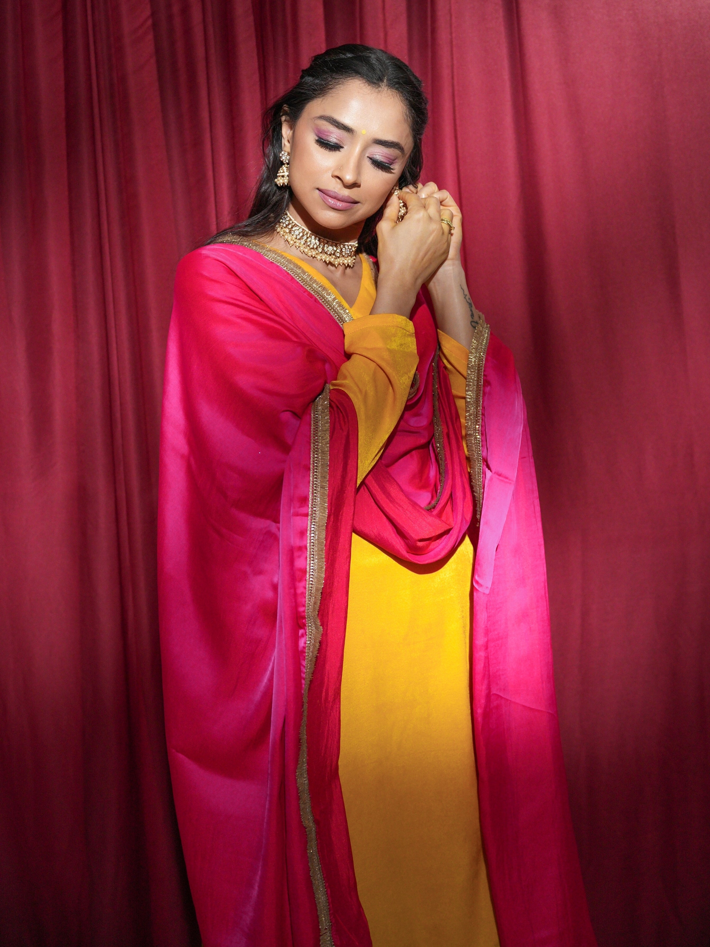 Women's Sunflower Yellow Posh Kurta with Dual Colour Satin Pant and Lace Dupatta 3 Piece Set | A-Line, V Neck, Full Sleeves, Pants, Festive Wear, (Satin)