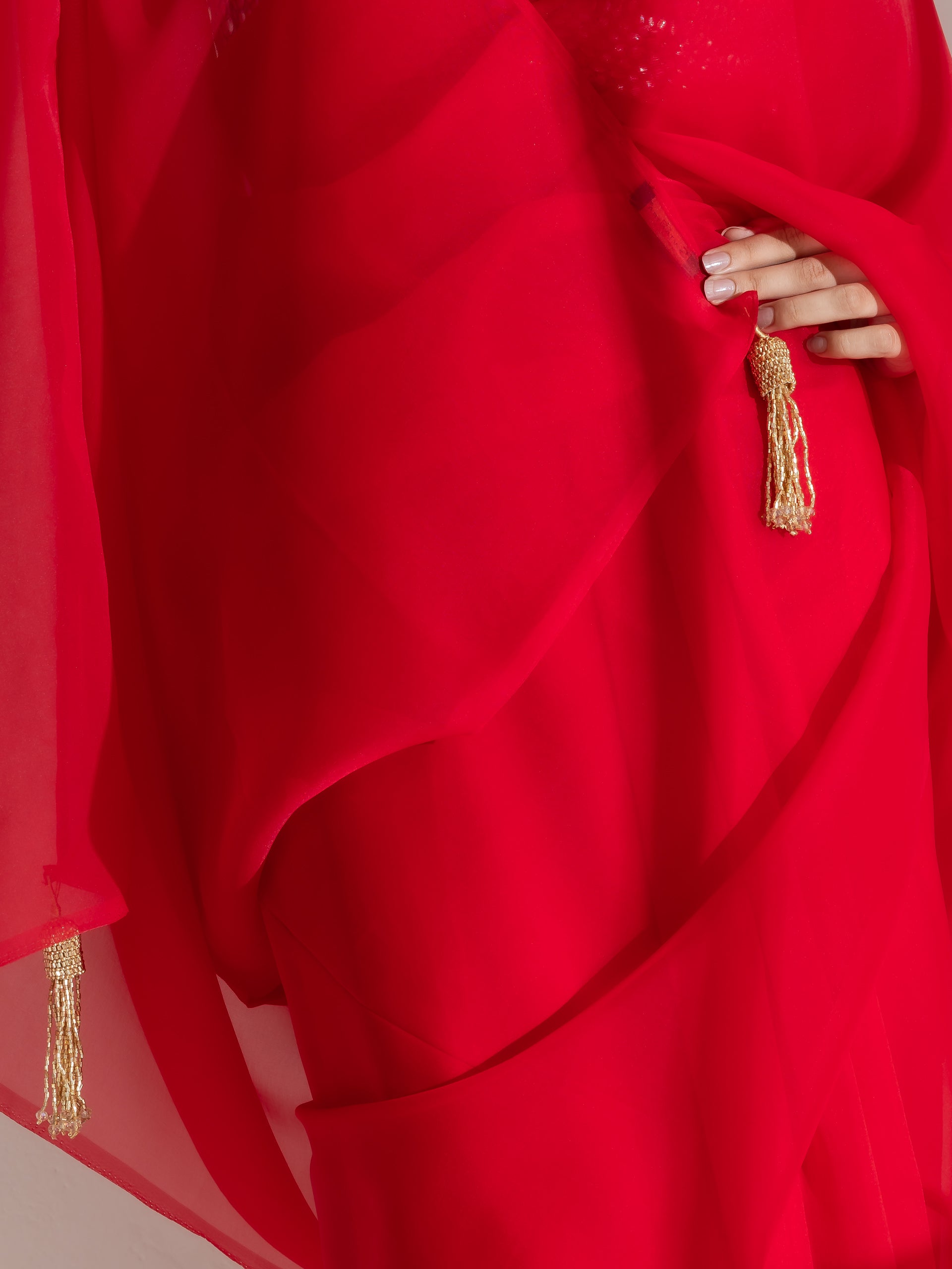 Devil Red Soft Organza Saree with Long Beaded Gold Latkan and Self Blouse Fabric