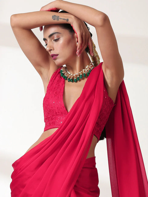 Ruby Butter Chiffon Pre-draped Saree with Self Blouse Fabric
