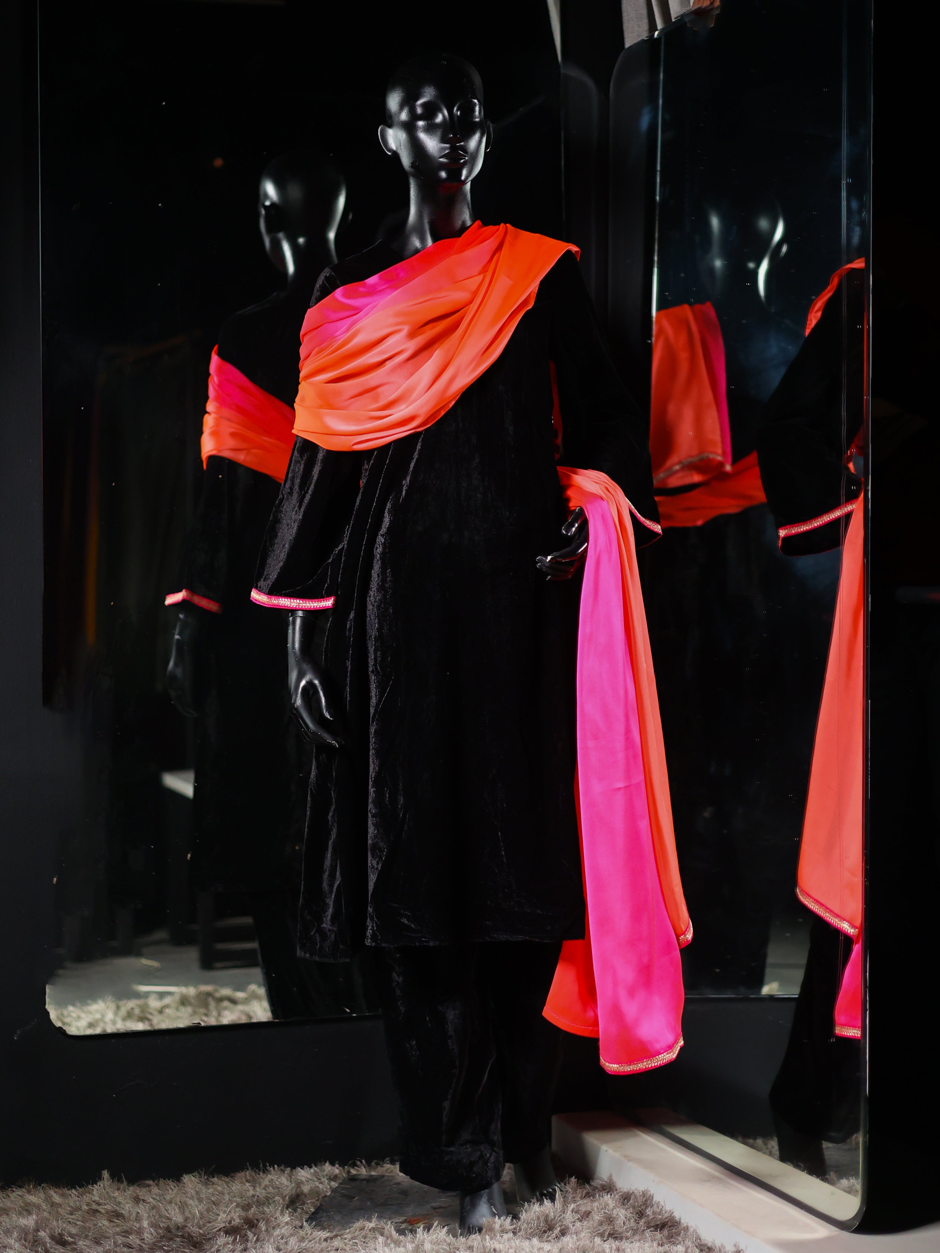 Women's Black Velvet Kurta with Pant and Pink Sunset Dupatta with Lace 3 Piece Set | Straight Fit, Round Neck, Full Sleeves, Pants, Festive Wear, (Velvet)
