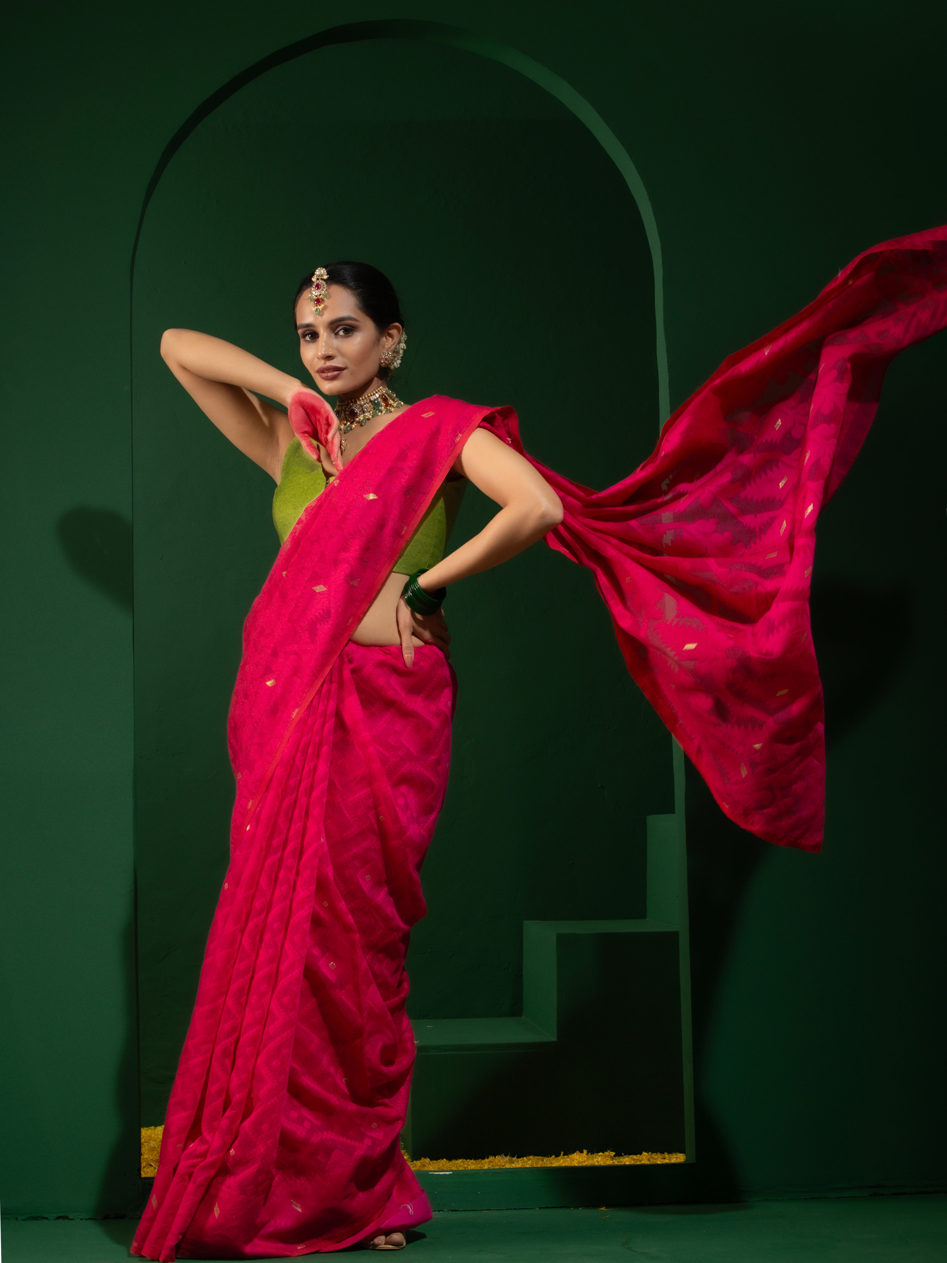 Authentic Aishwarya Pink Jamdani Cotton Saree