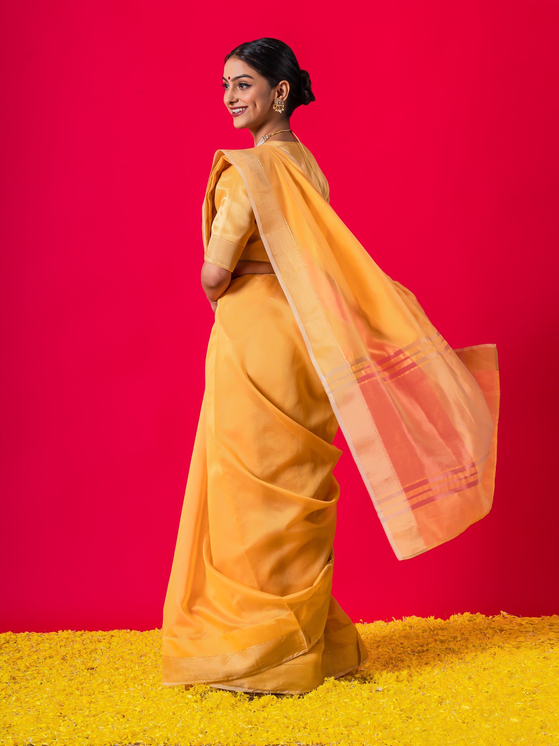 Dandelion Yellow Gold metallic Saree with Blouse Fabric