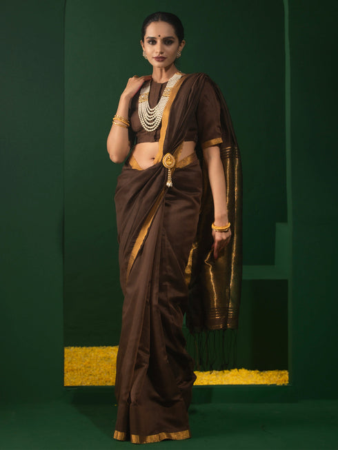 Coffee and Bronze Cotton Silk Saree with Blouse Fabric