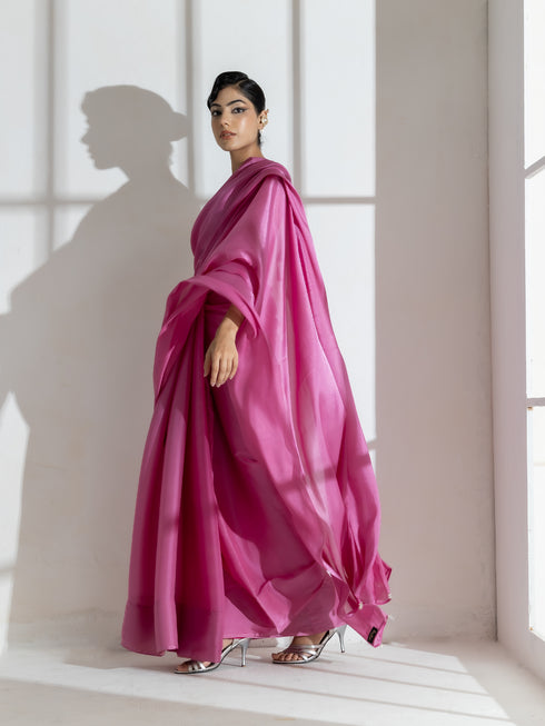 Onion Pink Silky Organza Saree with Beads and Self Blouse Fabric