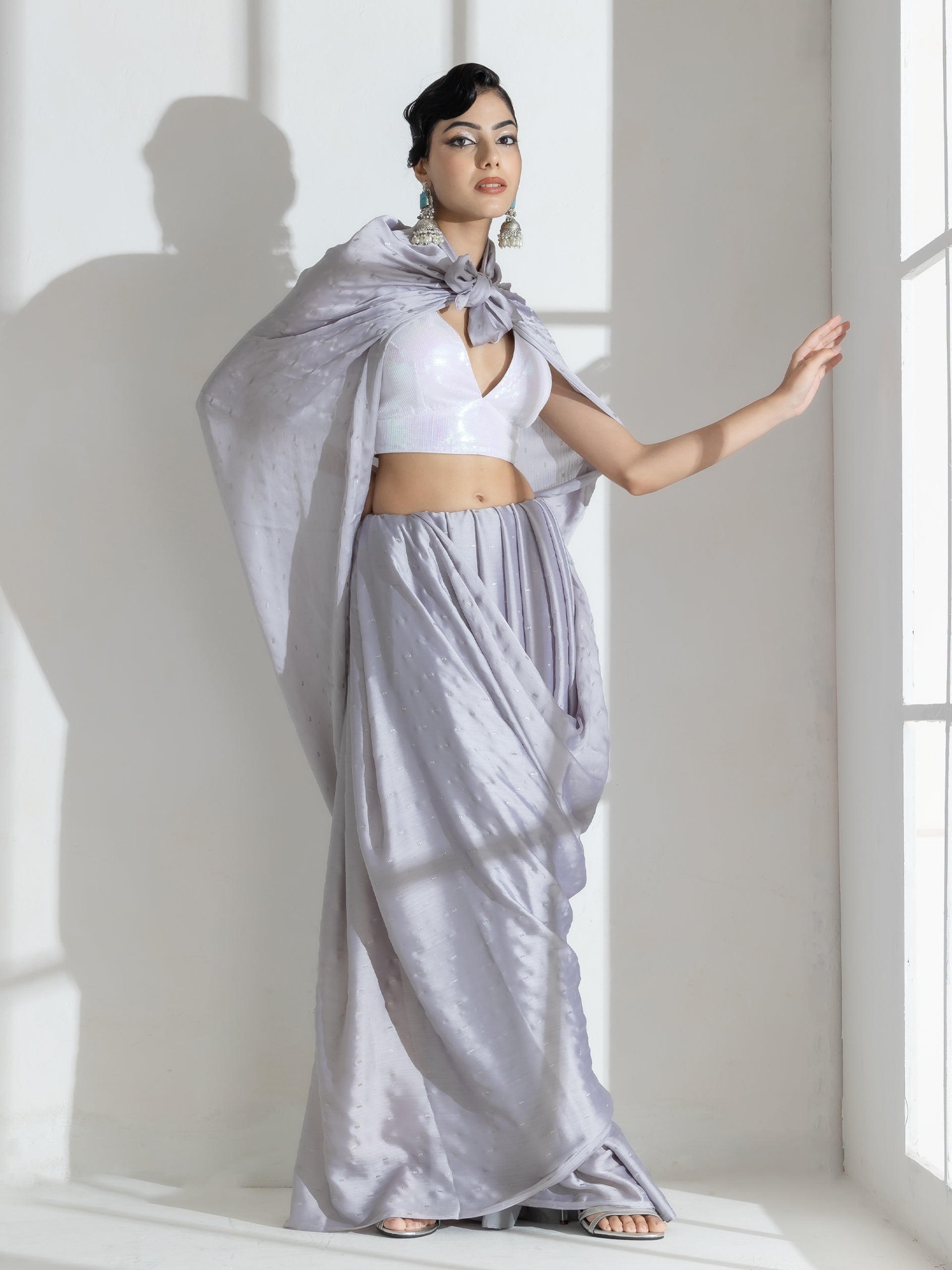 Silver Grey Printed Butter Chiffon Saree