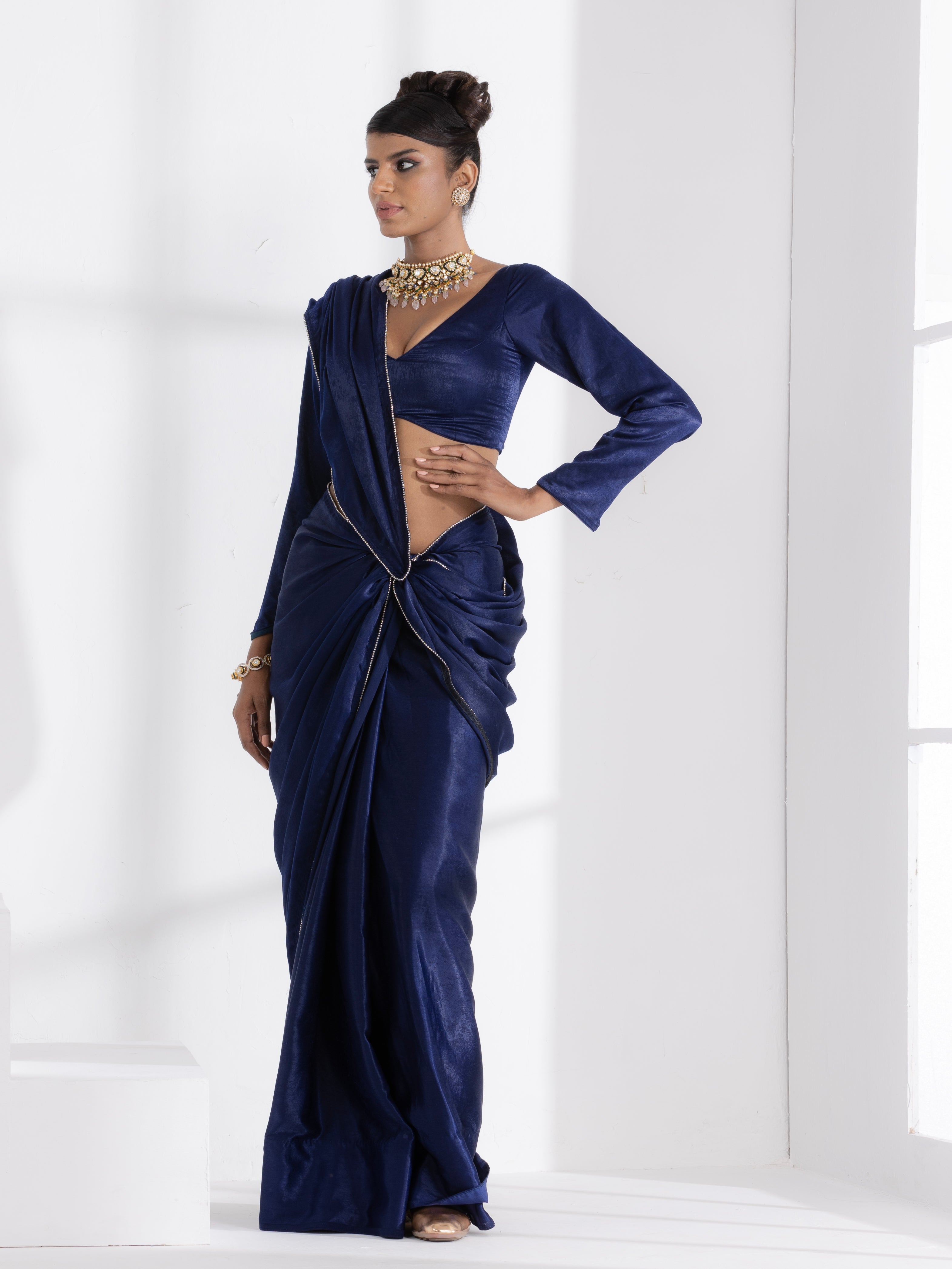 Posh Blue my Mind Saree with Diamond Lace and Self Blouse Fabric