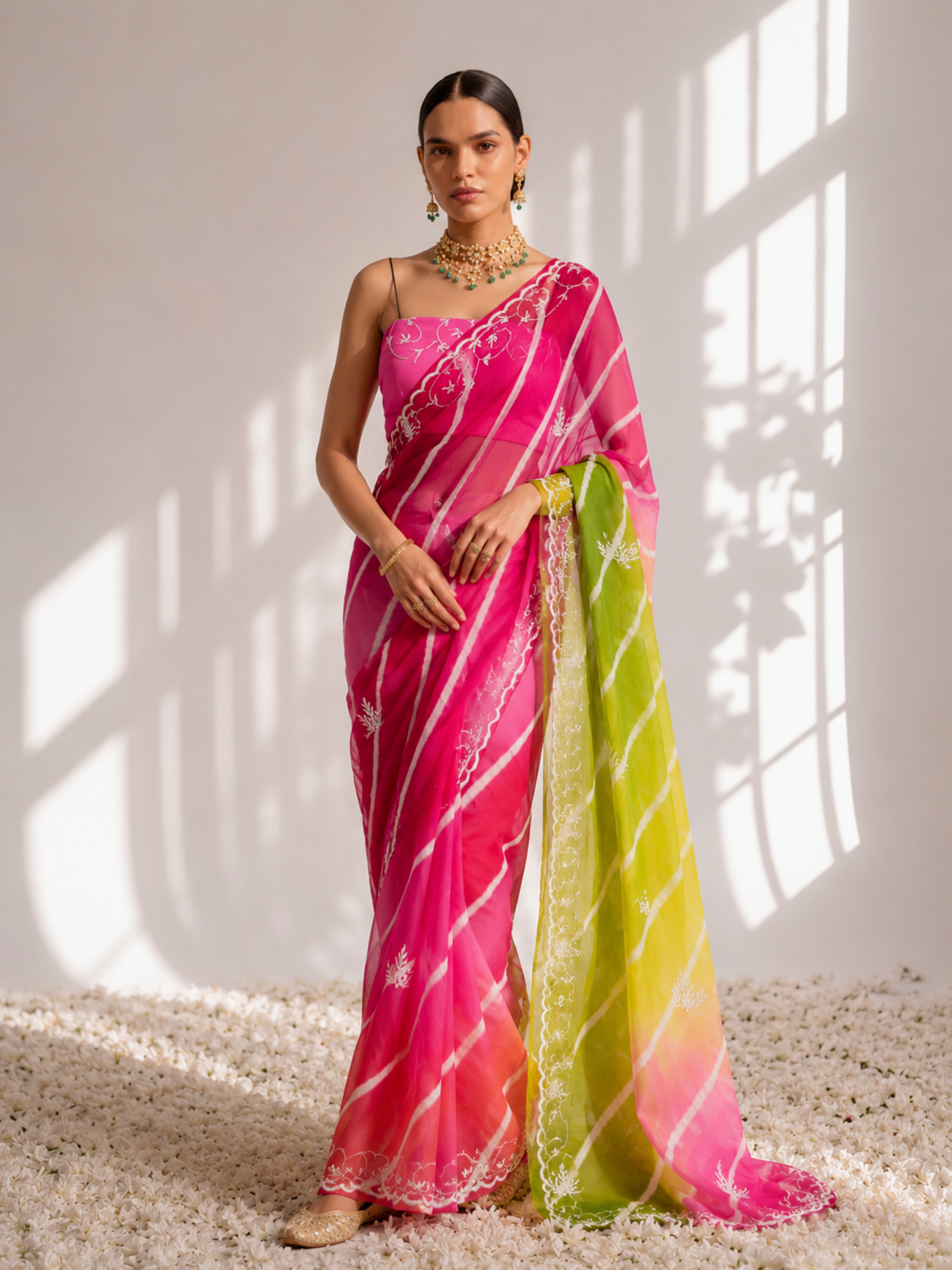 Pink and Green Pure Silk Chiffon Dyed Ombre Saree with Hand Beading and Crepe Blouse Fabric