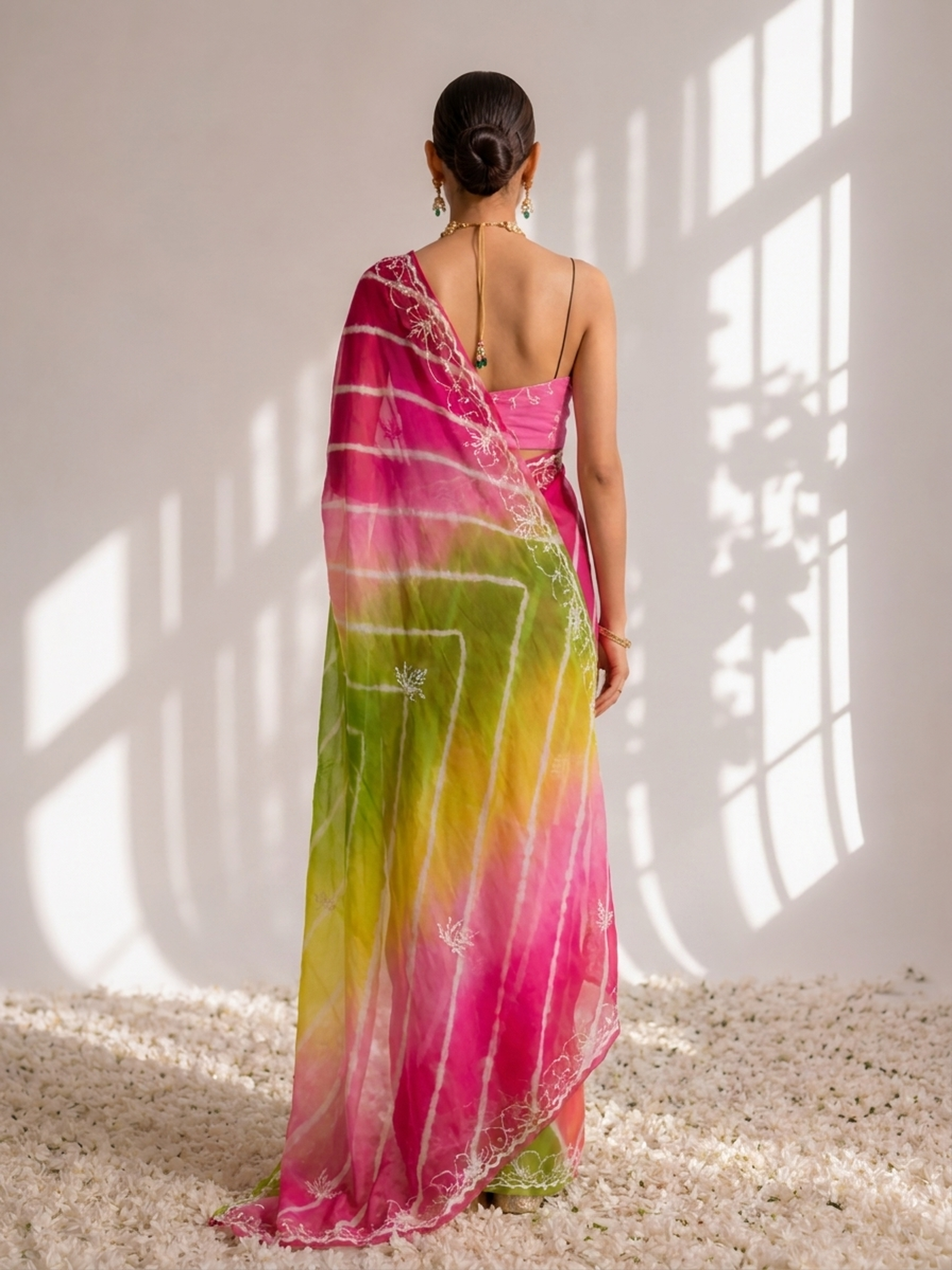 Pink and Green Pure Silk Chiffon Dyed Ombre Saree with Hand Beading and Crepe Blouse Fabric