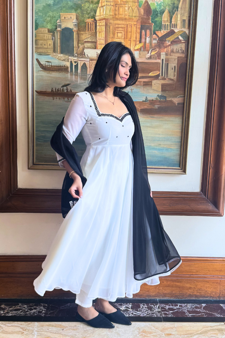 3 pc Suit Set -Ebony and Ivory Georgette 3/4th Sleeve Embroidered Anarkali with Dupatta and Pants