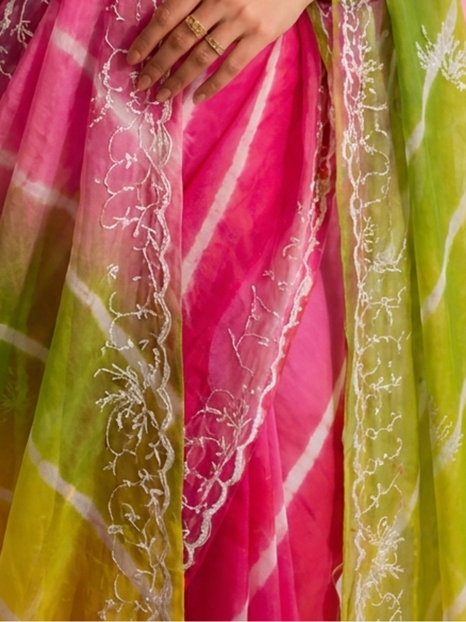 Pink and Green Pure Silk Chiffon Dyed Ombre Saree with Hand Beading and Crepe Blouse Fabric