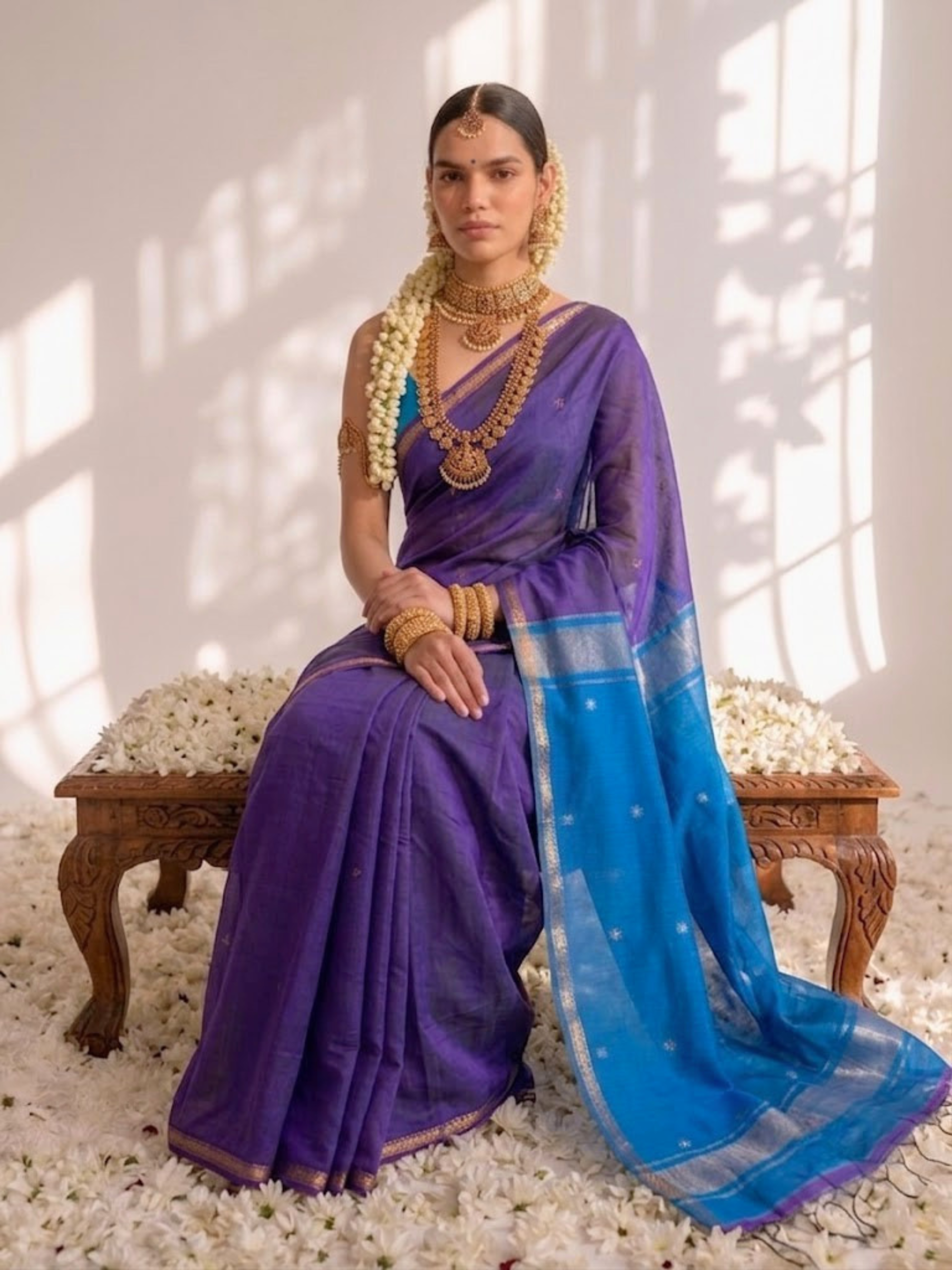 Purple and Blue Maheshwari Silk Cotton Saree with Self Blouse Fabric