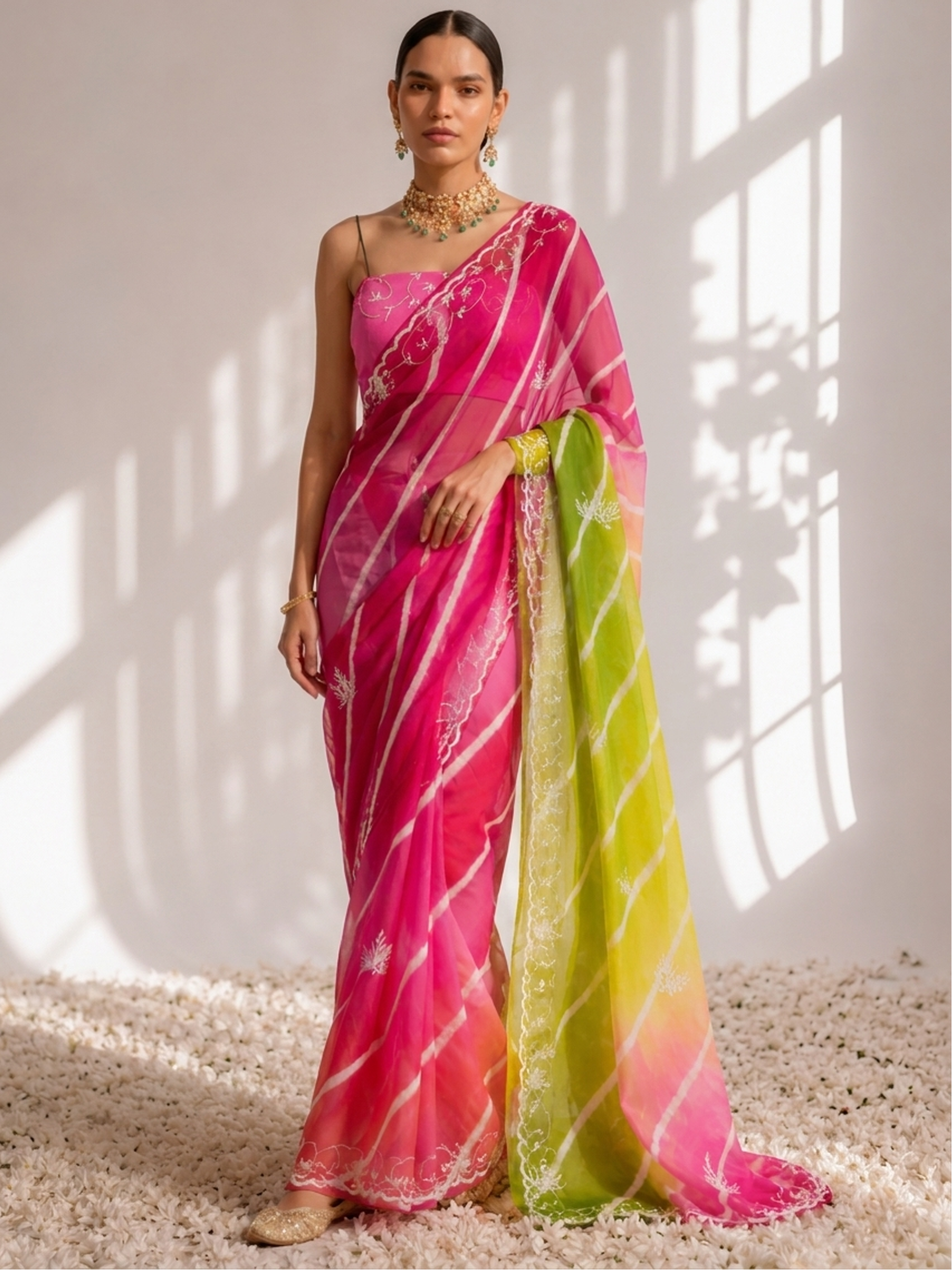 Pink and Green Pure Silk Chiffon Dyed Ombre Saree with Hand Beading and Crepe Blouse Fabric