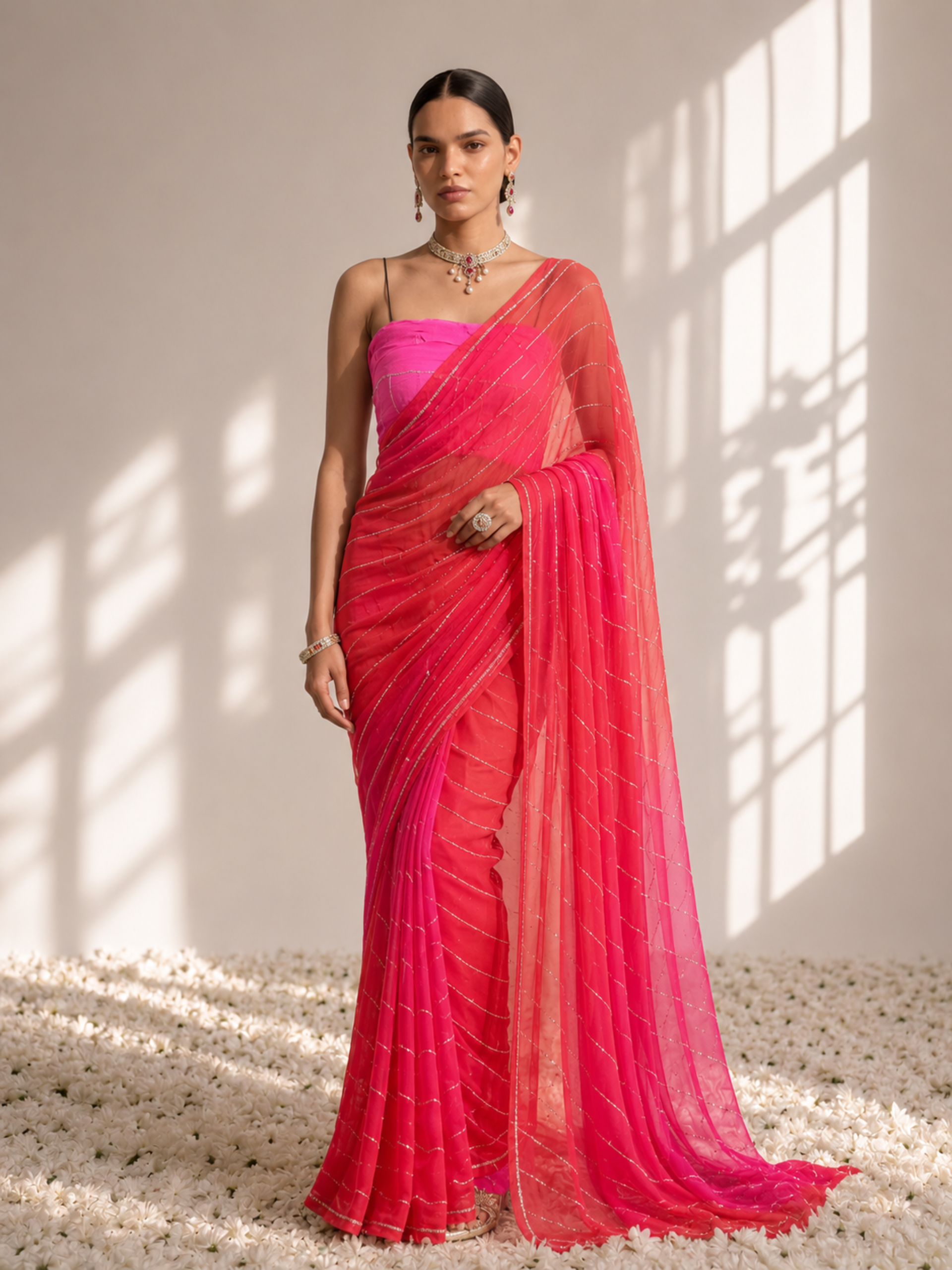 Pink and Coral Pure Silk Chiffon Dyed Ombre Saree with Allover Cut Dana and Crepe Blouse Fabric