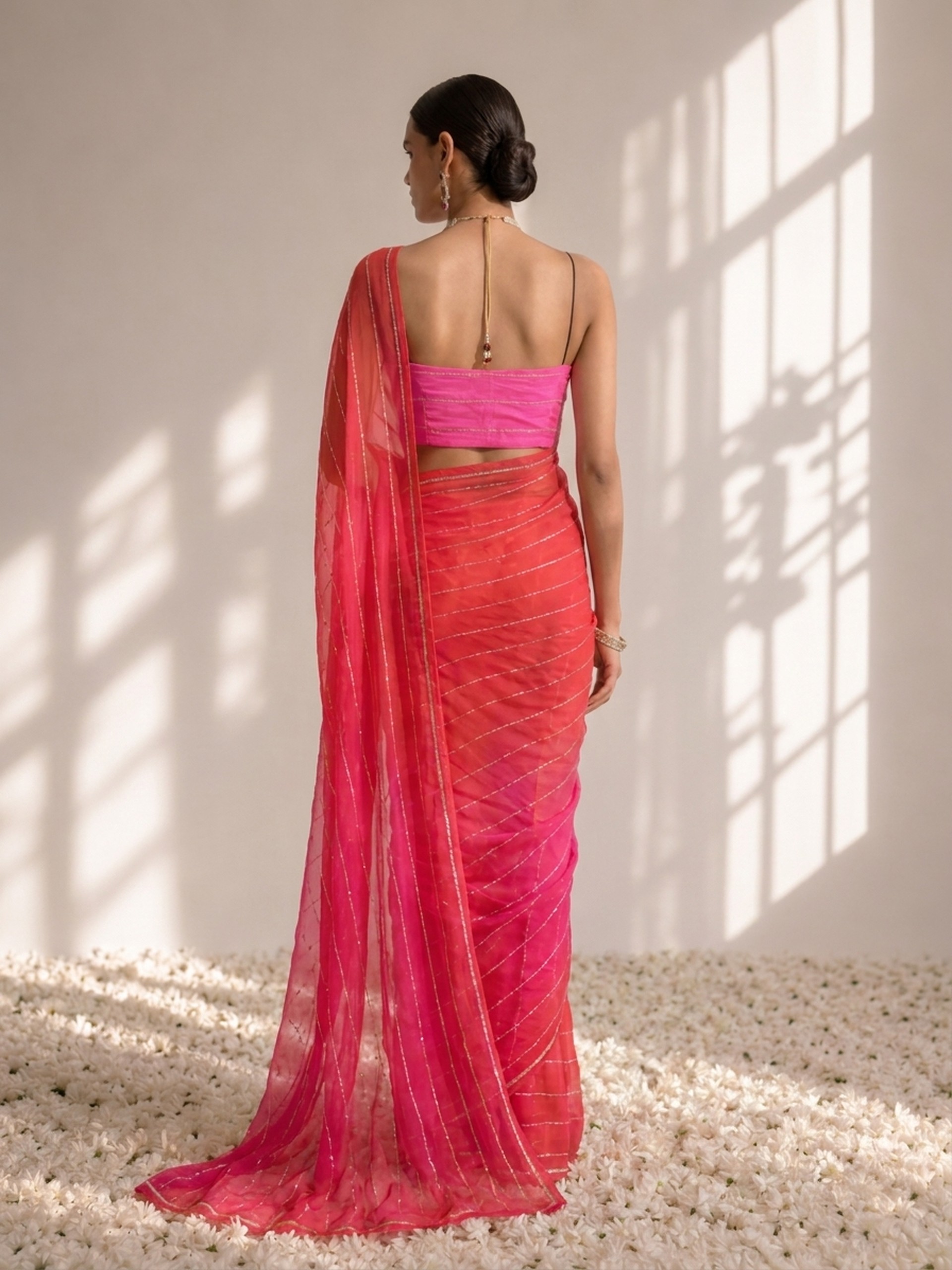 Pink and Coral Pure Silk Chiffon Dyed Ombre Saree with Allover Cut Dana and Crepe Blouse Fabric