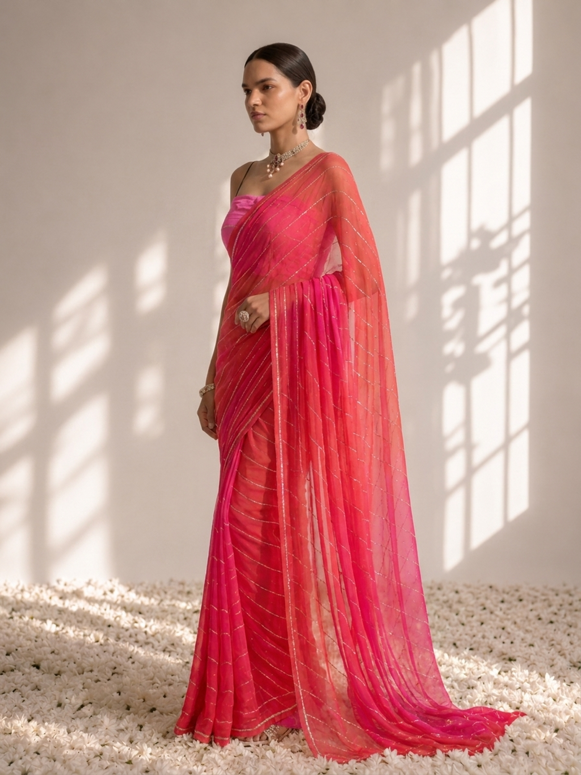 Pink and Coral Pure Silk Chiffon Dyed Ombre Saree with Allover Cut Dana and Crepe Blouse Fabric