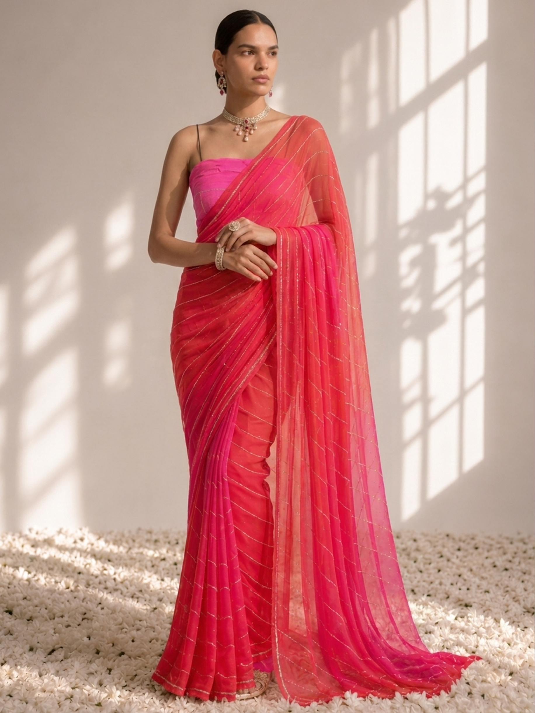 Pink and Coral Pure Silk Chiffon Dyed Ombre Saree with Allover Cut Dana and Crepe Blouse Fabric