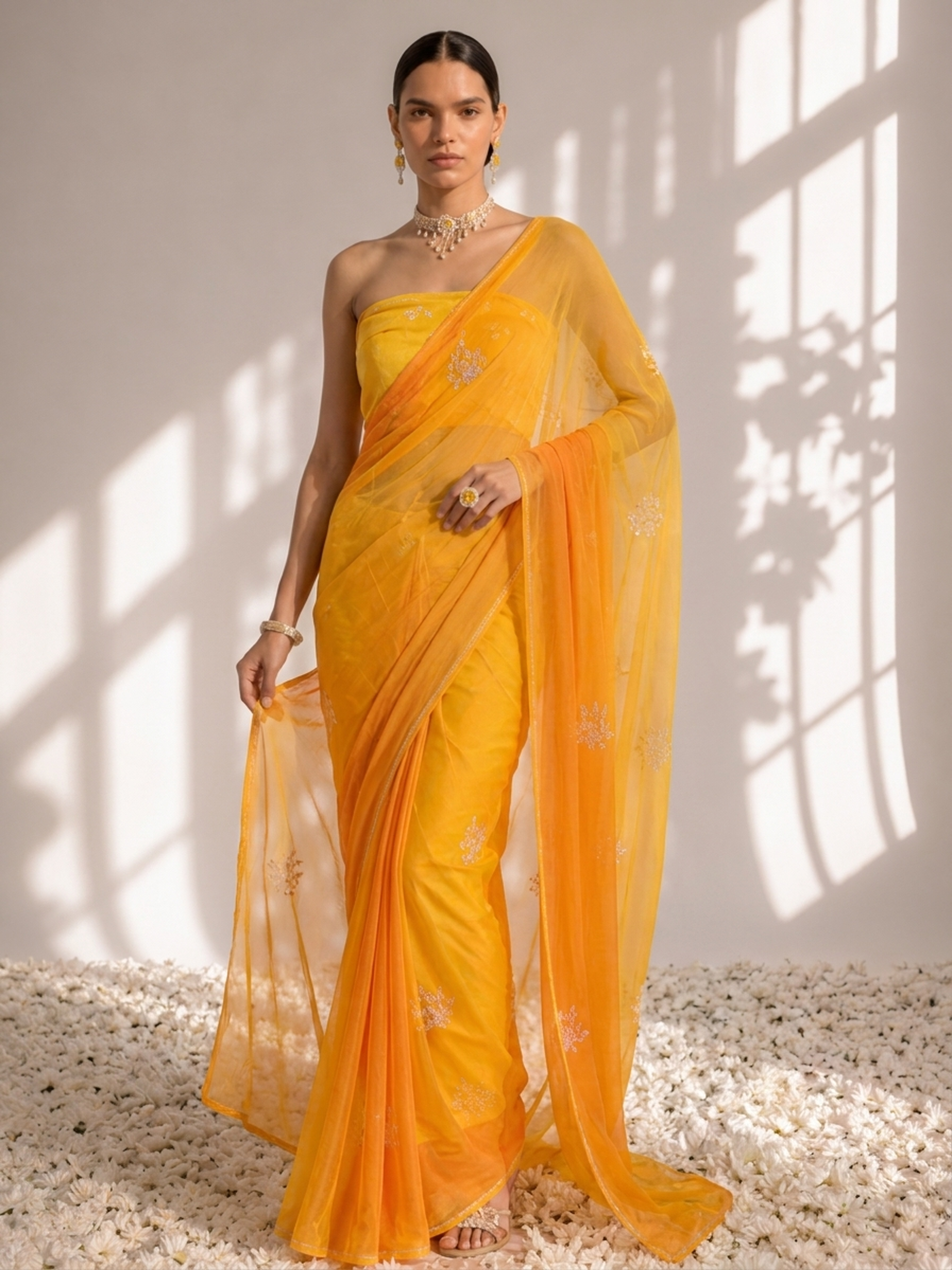 Yellow and Mango Pure Silk Chiffon Dyed Ombre Saree with Handwork and Crepe Blouse Fabric