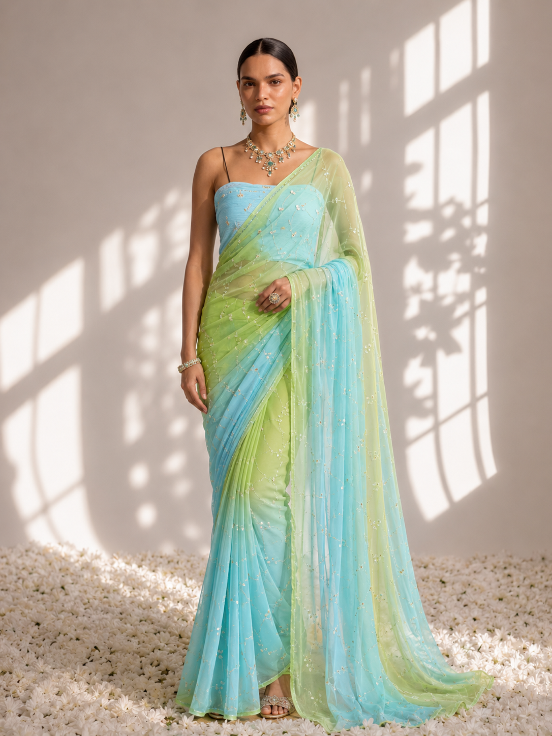 Blue and Green Pure Silk Chiffon Dyed Ombre Saree with Aari Kasab Pita Work and Chinon Blouse Fabric