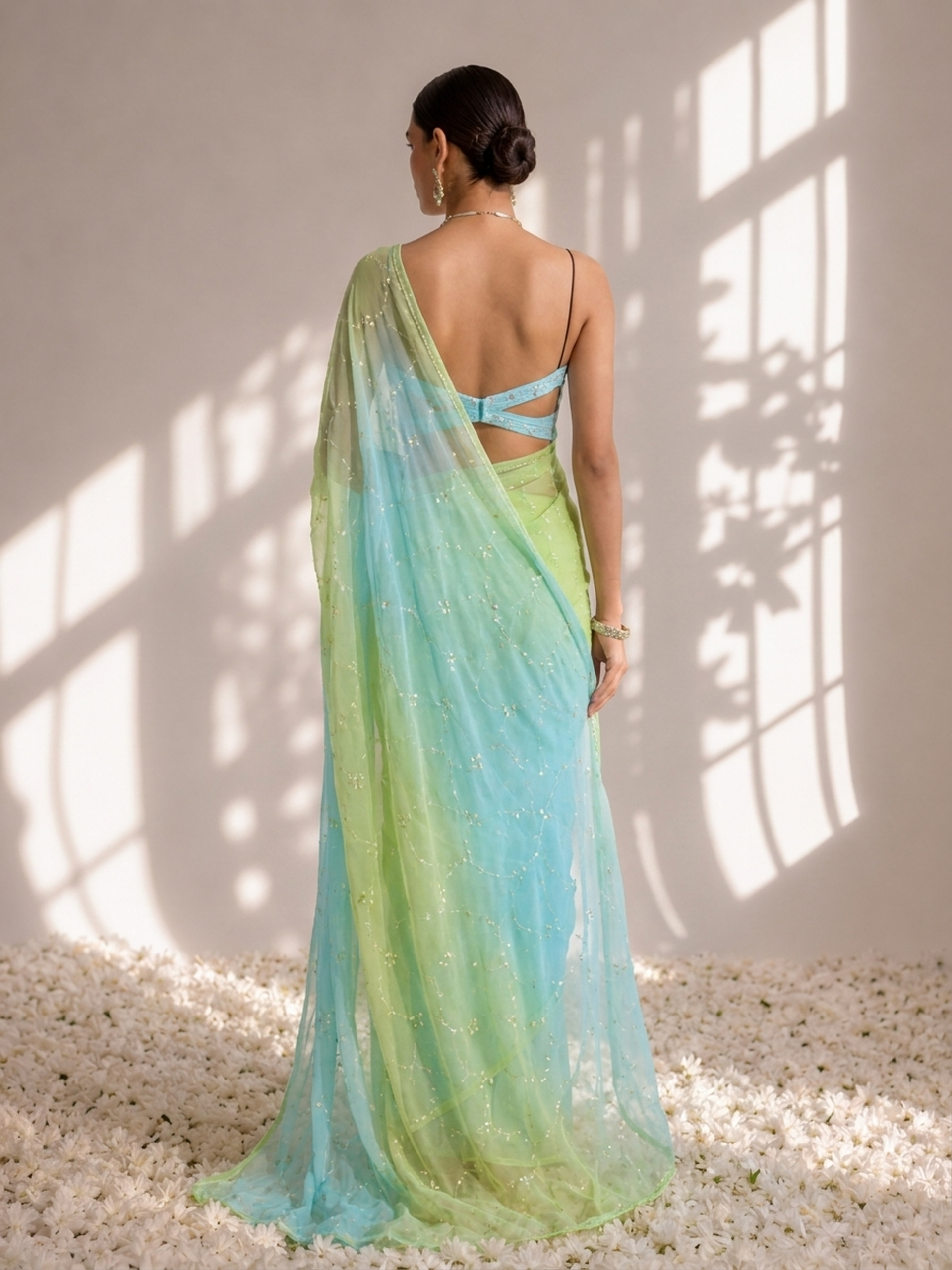 Blue and Green Pure Silk Chiffon Dyed Ombre Saree with Aari Kasab Pita Work and Chinon Blouse Fabric